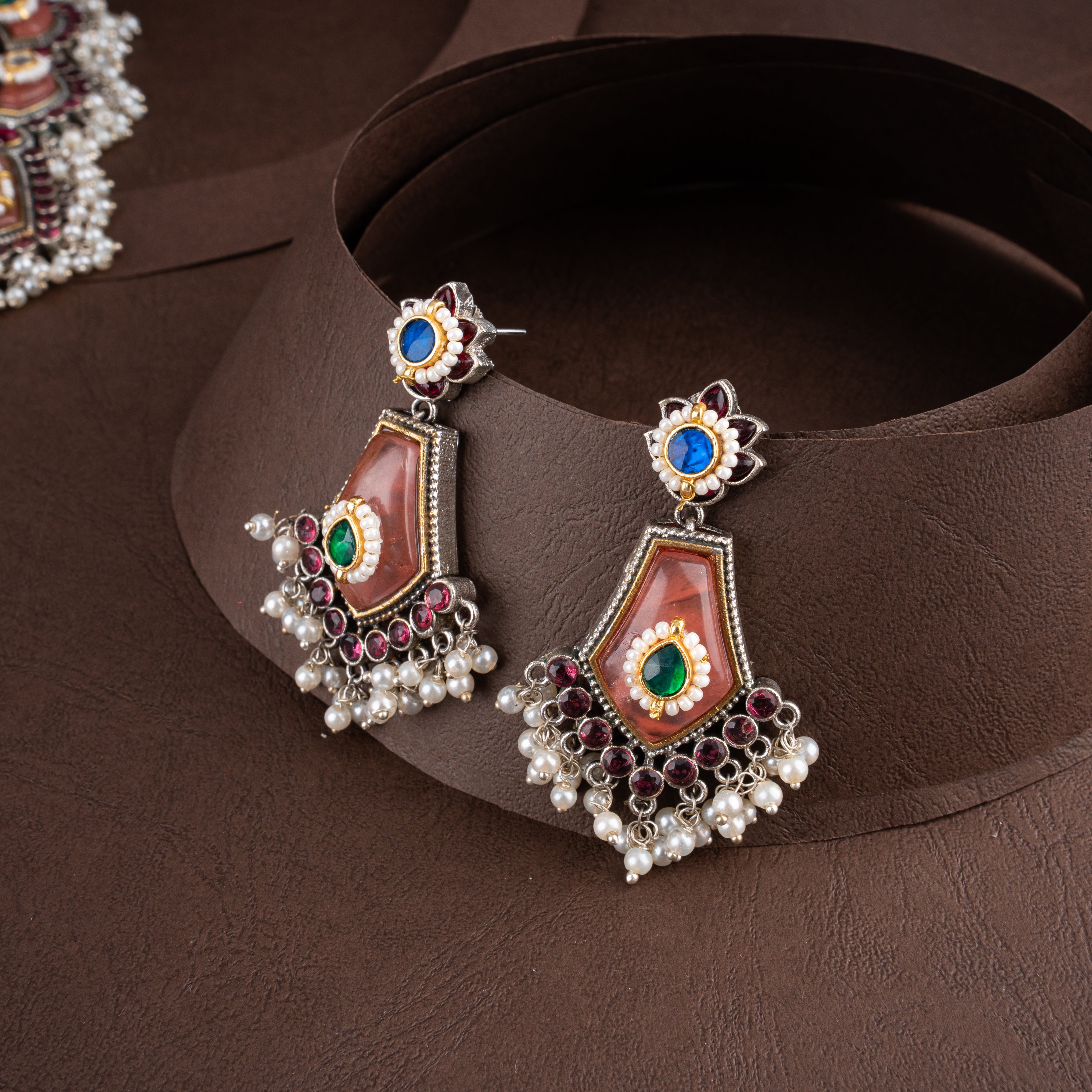 Dual-Tone Oxidised Silver Asymmetric Collar Necklace Set with Kundan & Pearl Drops