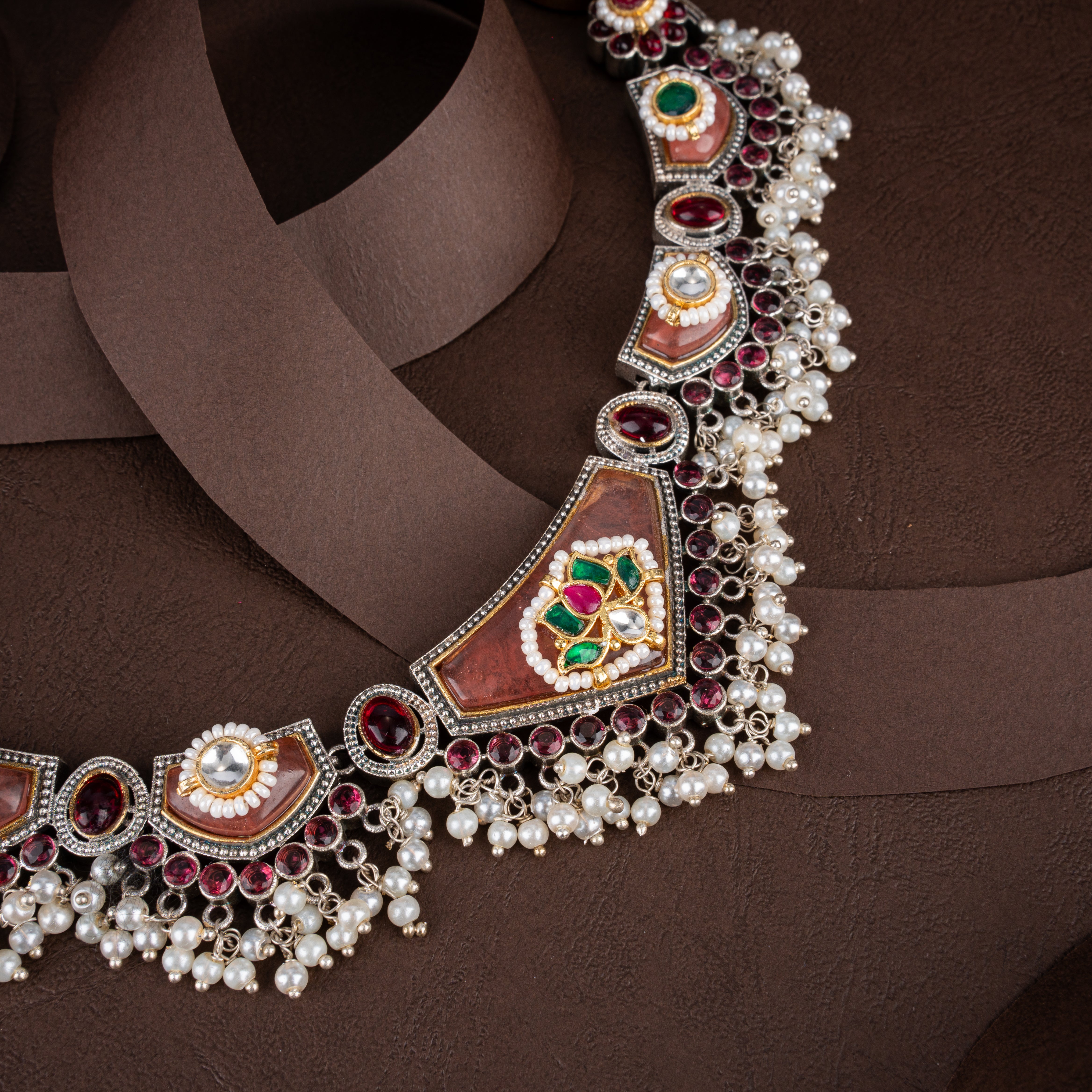 Dual-Tone Oxidised Silver Asymmetric Collar Necklace Set with Kundan & Pearl Drops