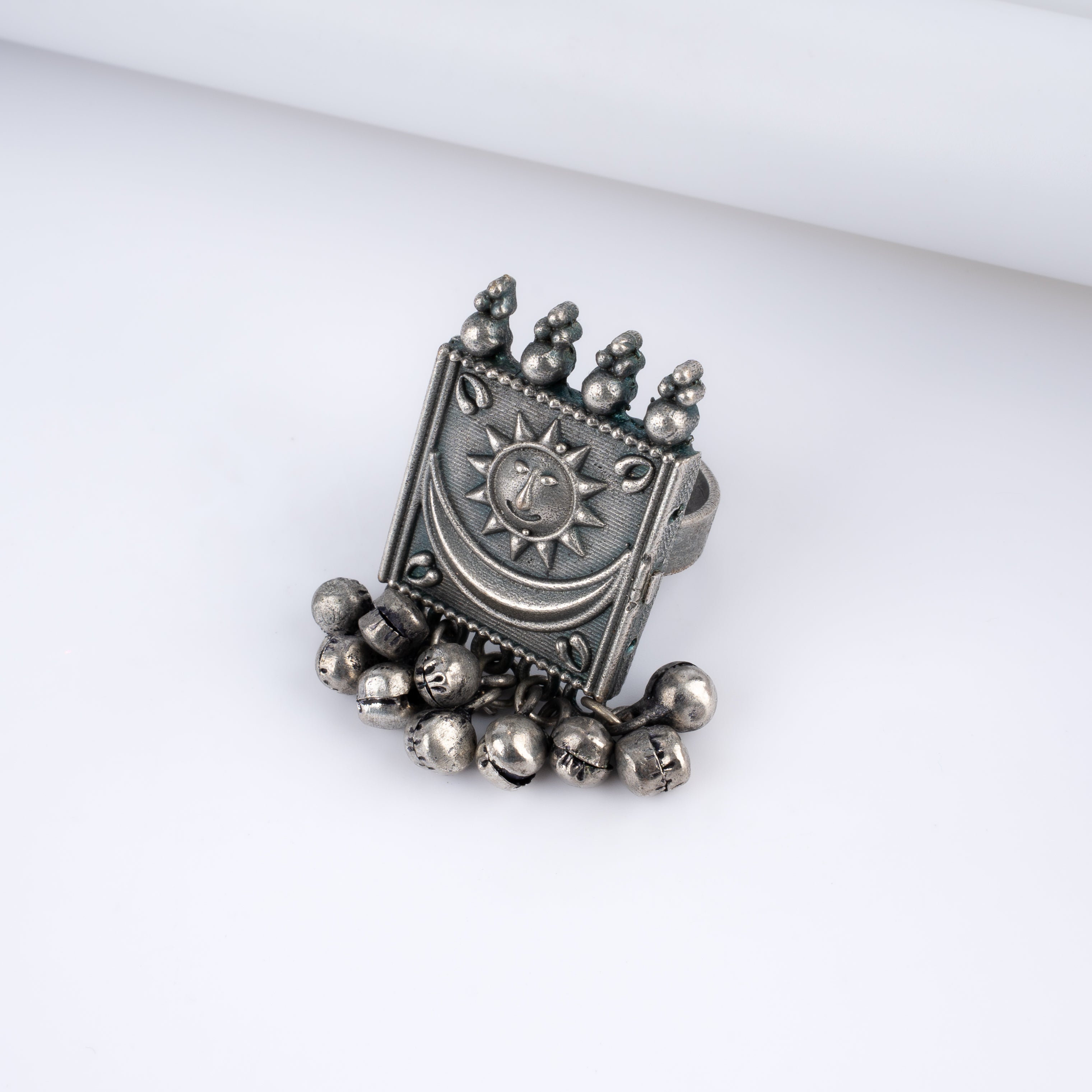 Oxidised Silver Sun and Moon Ghungroo Statement Ring