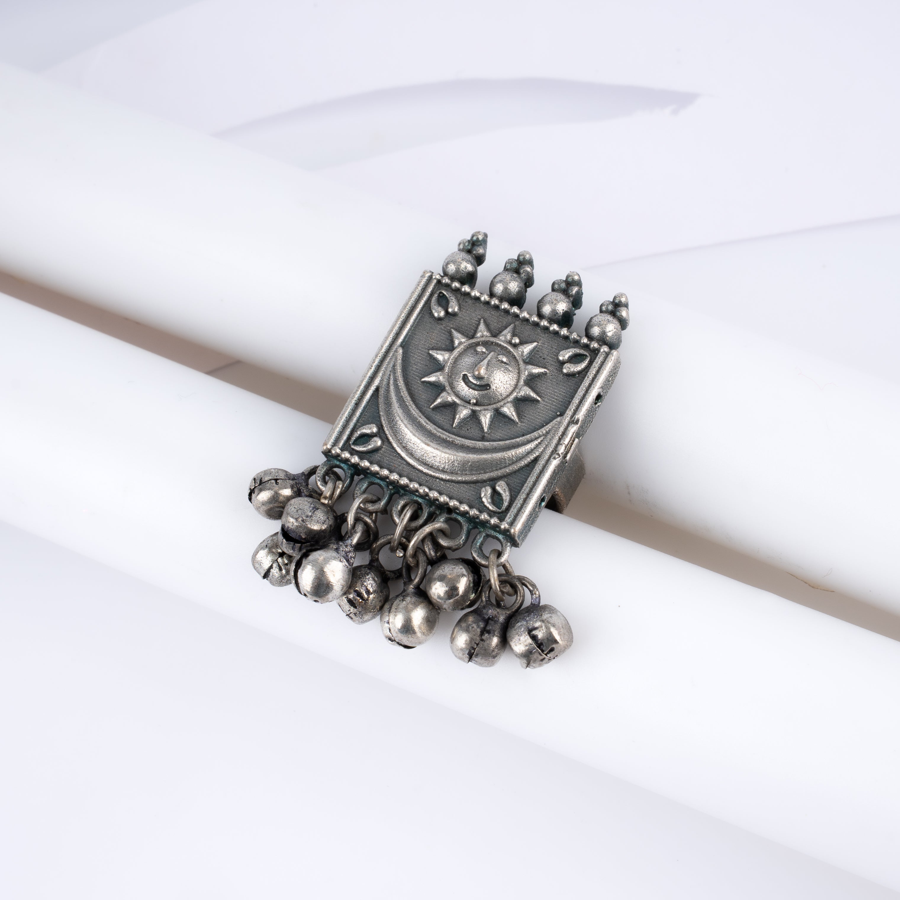 Oxidised Silver Sun and Moon Ghungroo Statement Ring