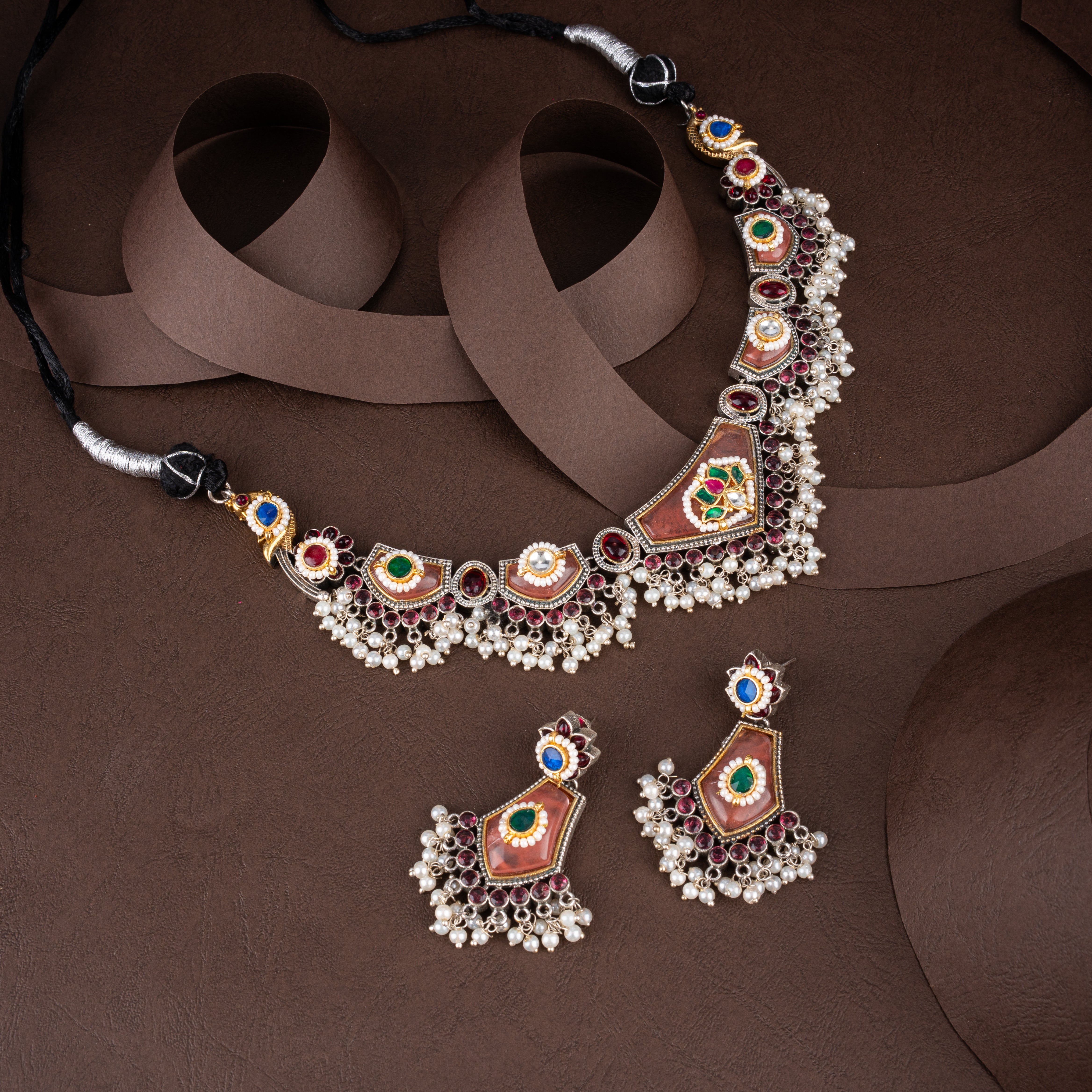 Dual-Tone Oxidised Silver Asymmetric Collar Necklace Set with Kundan & Pearl Drops