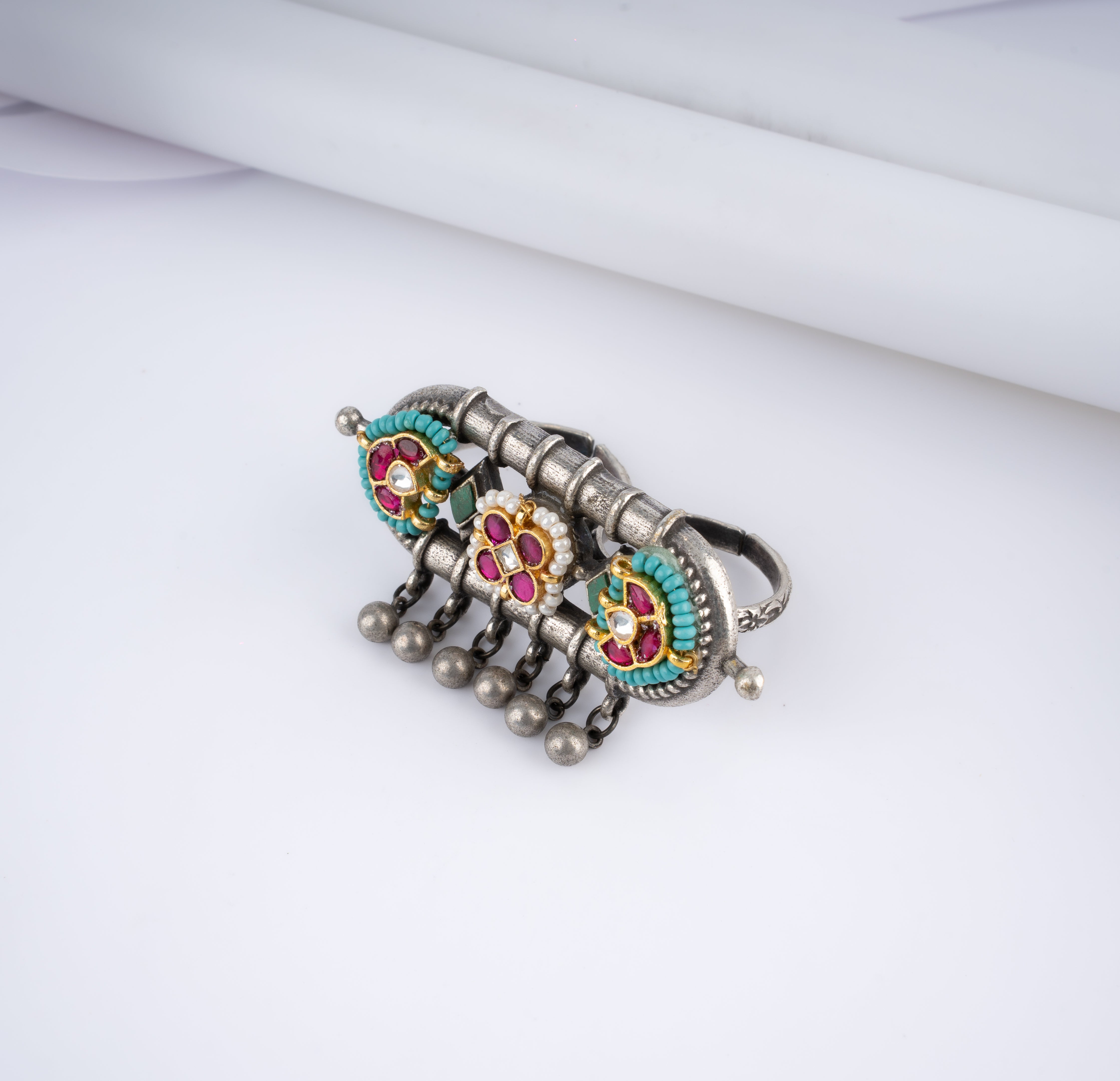 Dual Tone Tribal Bar Kundan Turquoise Two Finger Ghungroo Ring