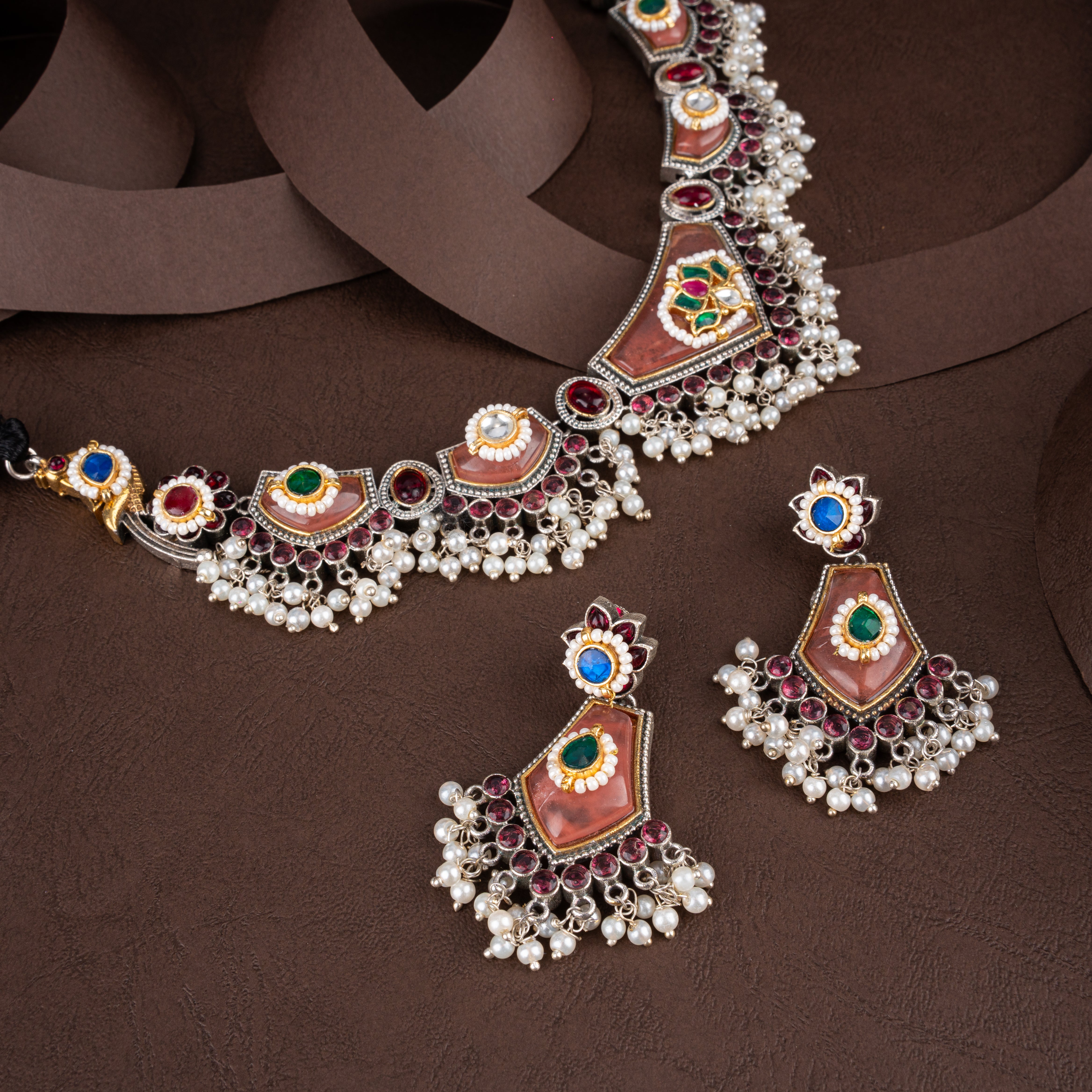 Dual-Tone Oxidised Silver Asymmetric Collar Necklace Set with Kundan & Pearl Drops