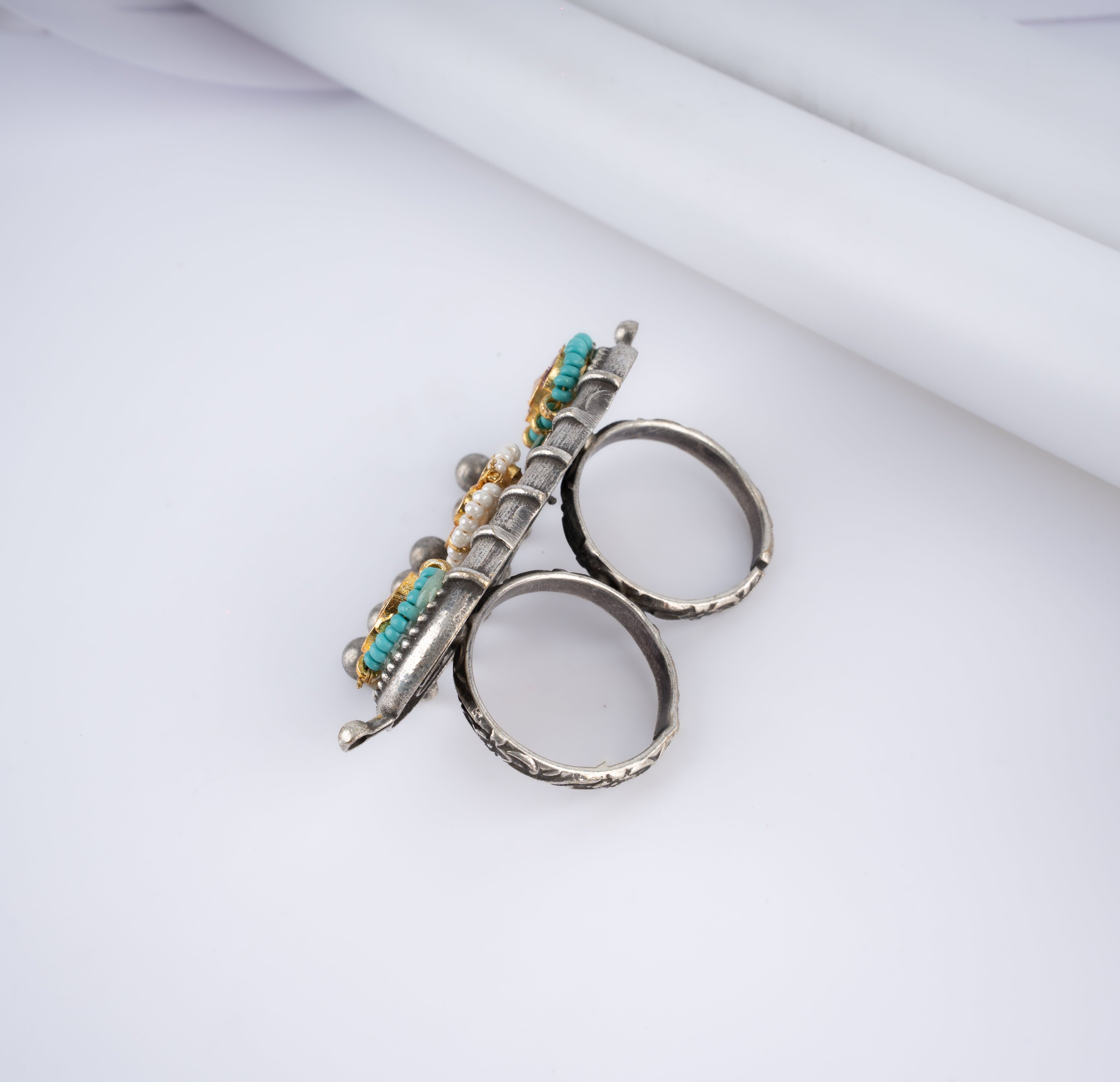 Dual Tone Tribal Bar Kundan Turquoise Two Finger Ghungroo Ring