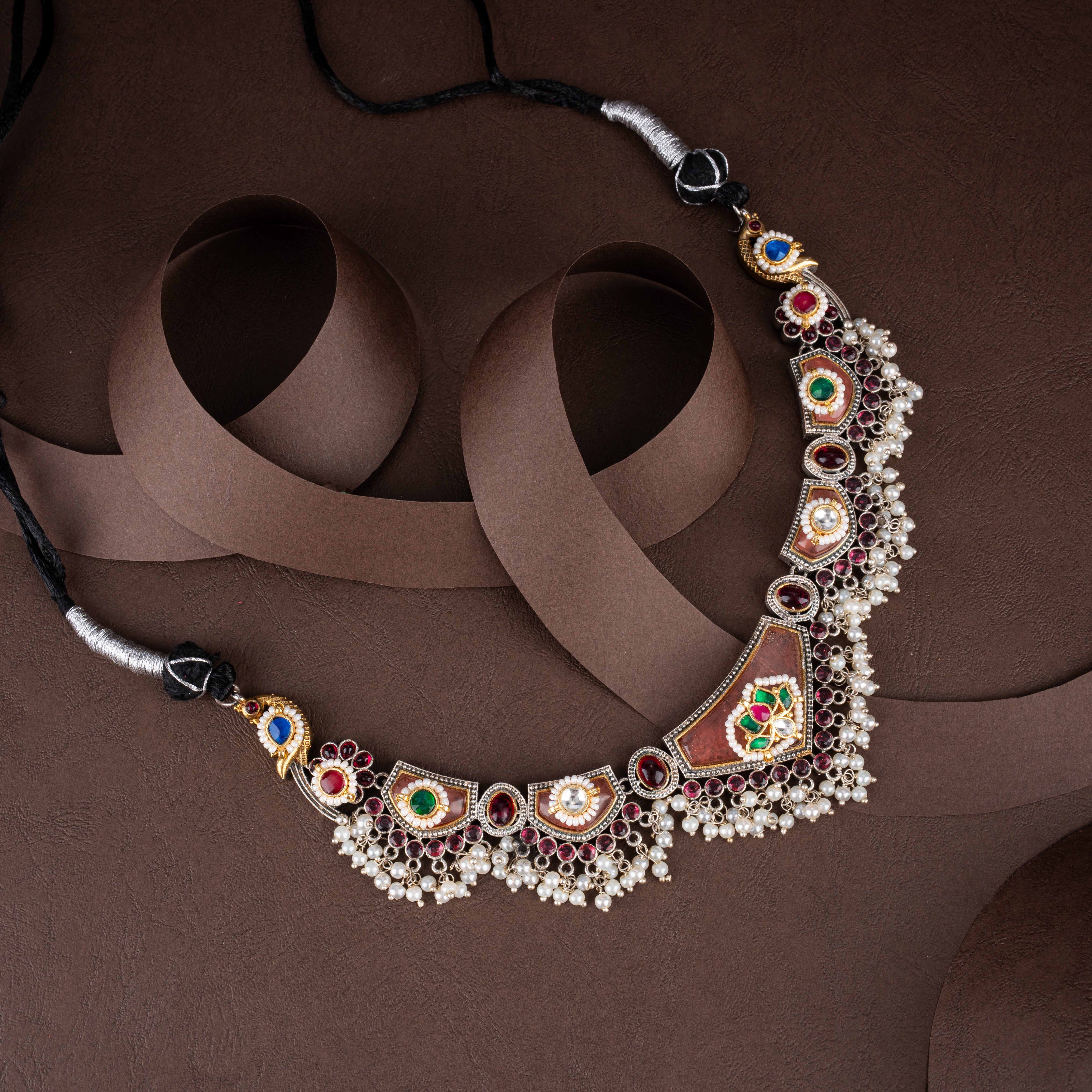 Dual-Tone Oxidised Silver Asymmetric Collar Necklace Set with Kundan & Pearl Drops