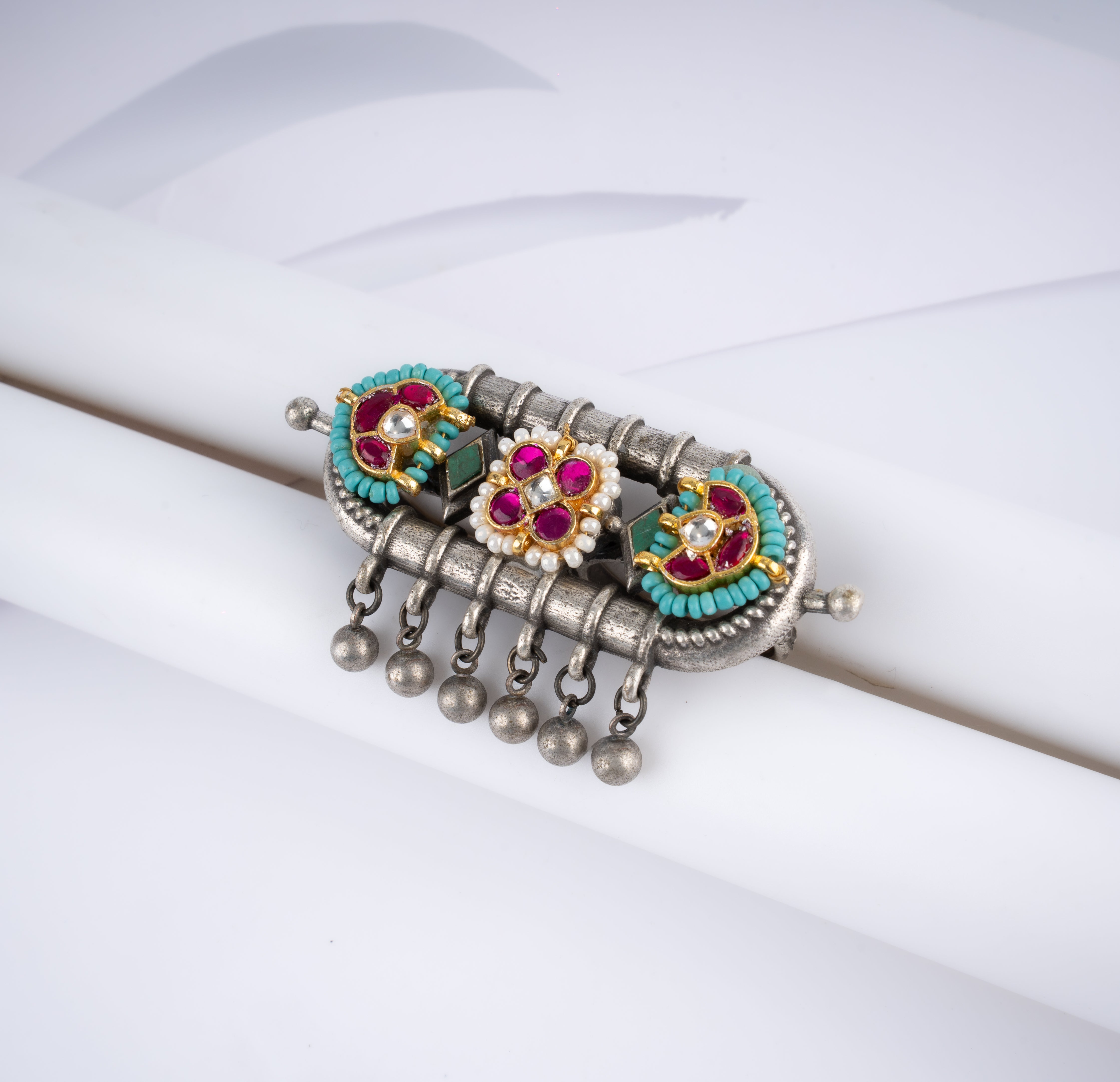 Dual Tone Tribal Bar Kundan Turquoise Two Finger Ghungroo Ring