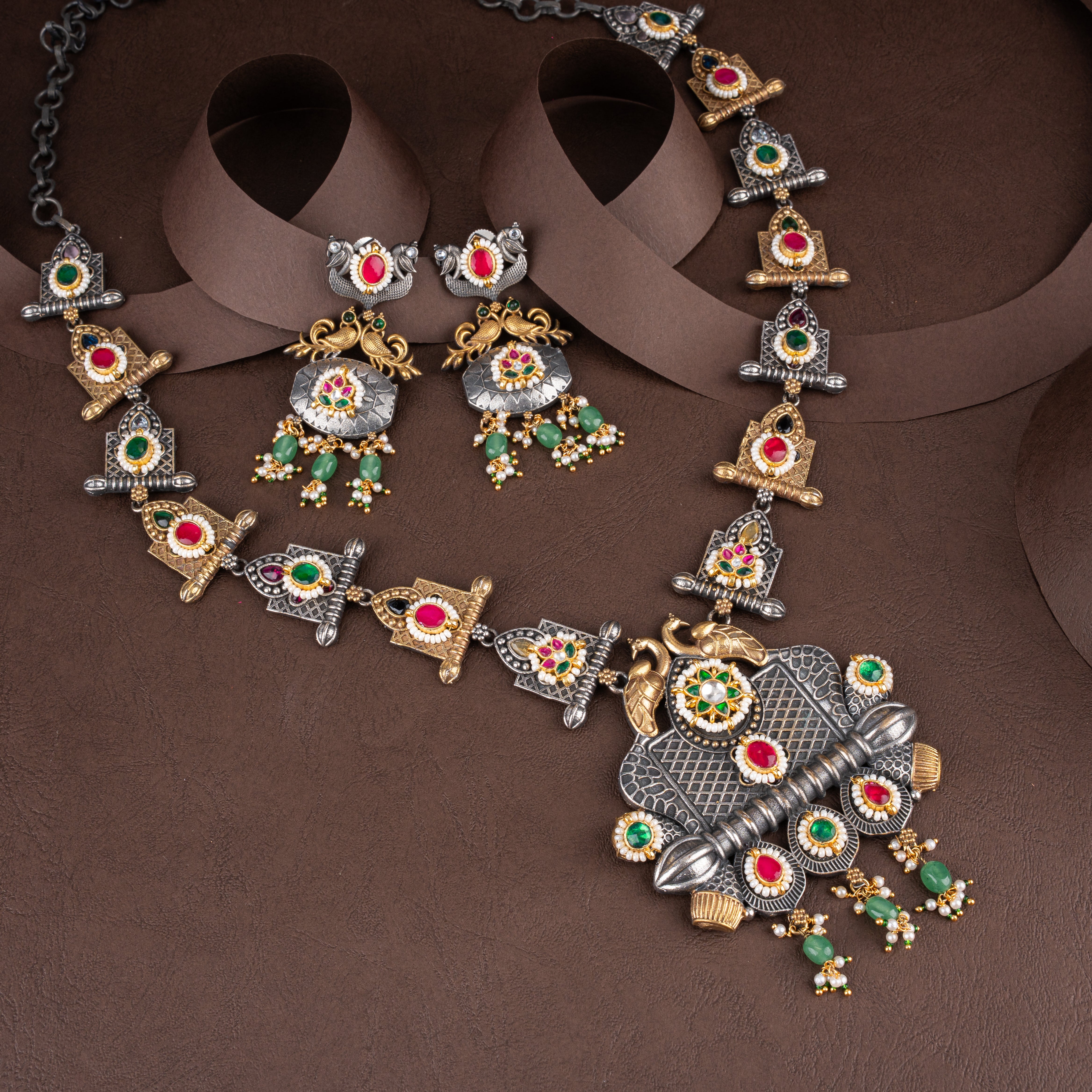 Dual-Tone Oxidised Silver Peacock Motif Long Haram Necklace Set with Bead Drops