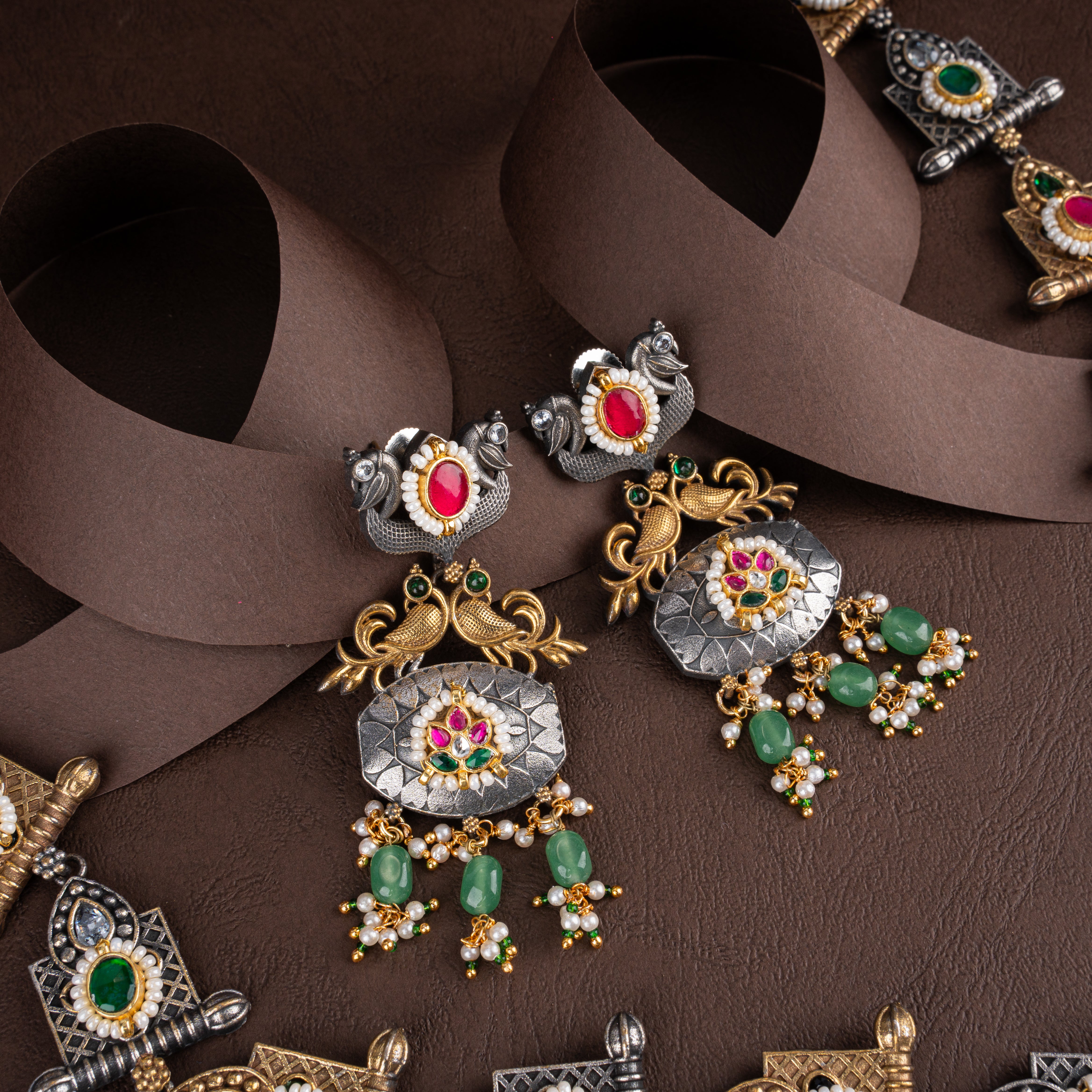 Dual-Tone Oxidised Silver Peacock Motif Long Haram Necklace Set with Bead Drops