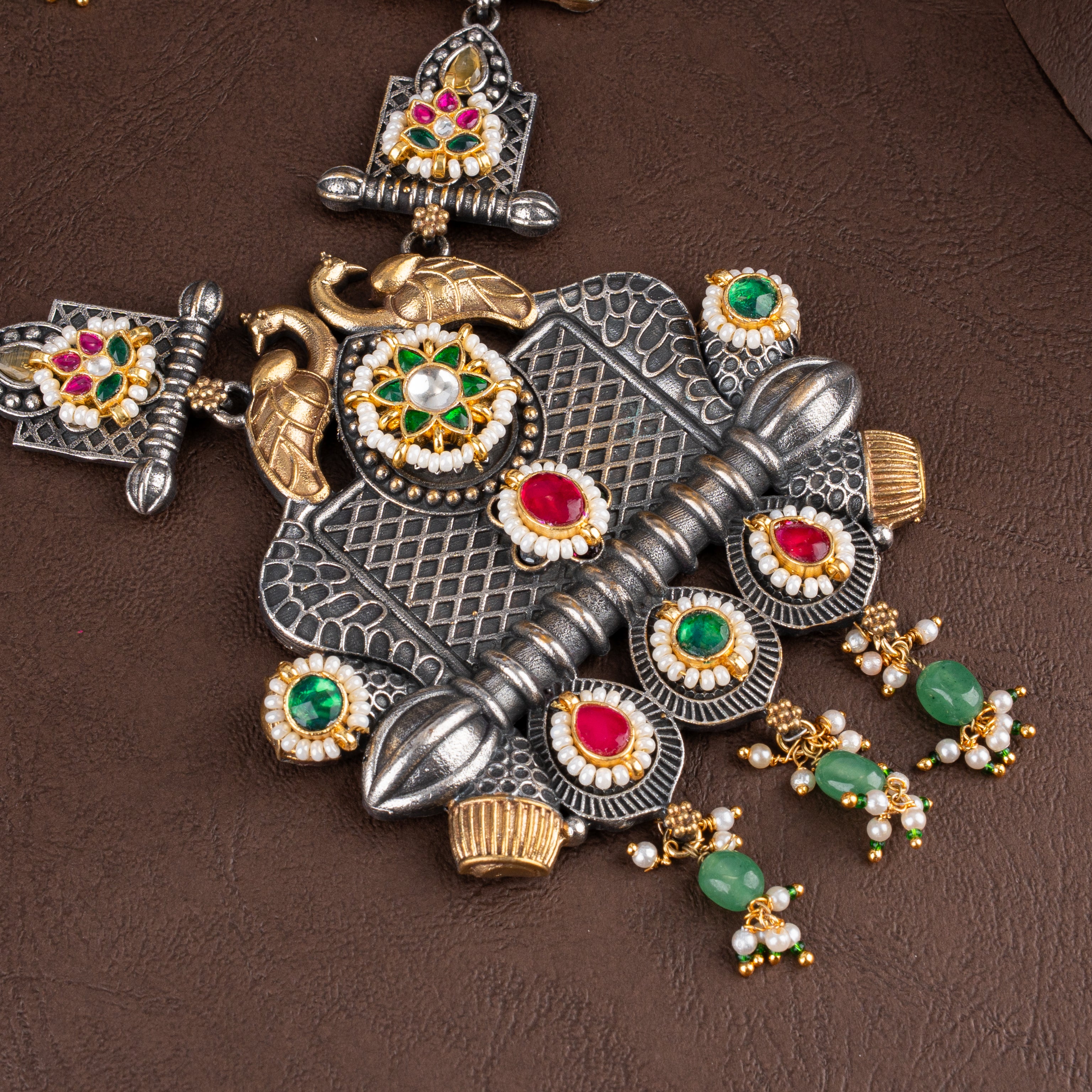 Dual-Tone Oxidised Silver Peacock Motif Long Haram Necklace Set with Bead Drops