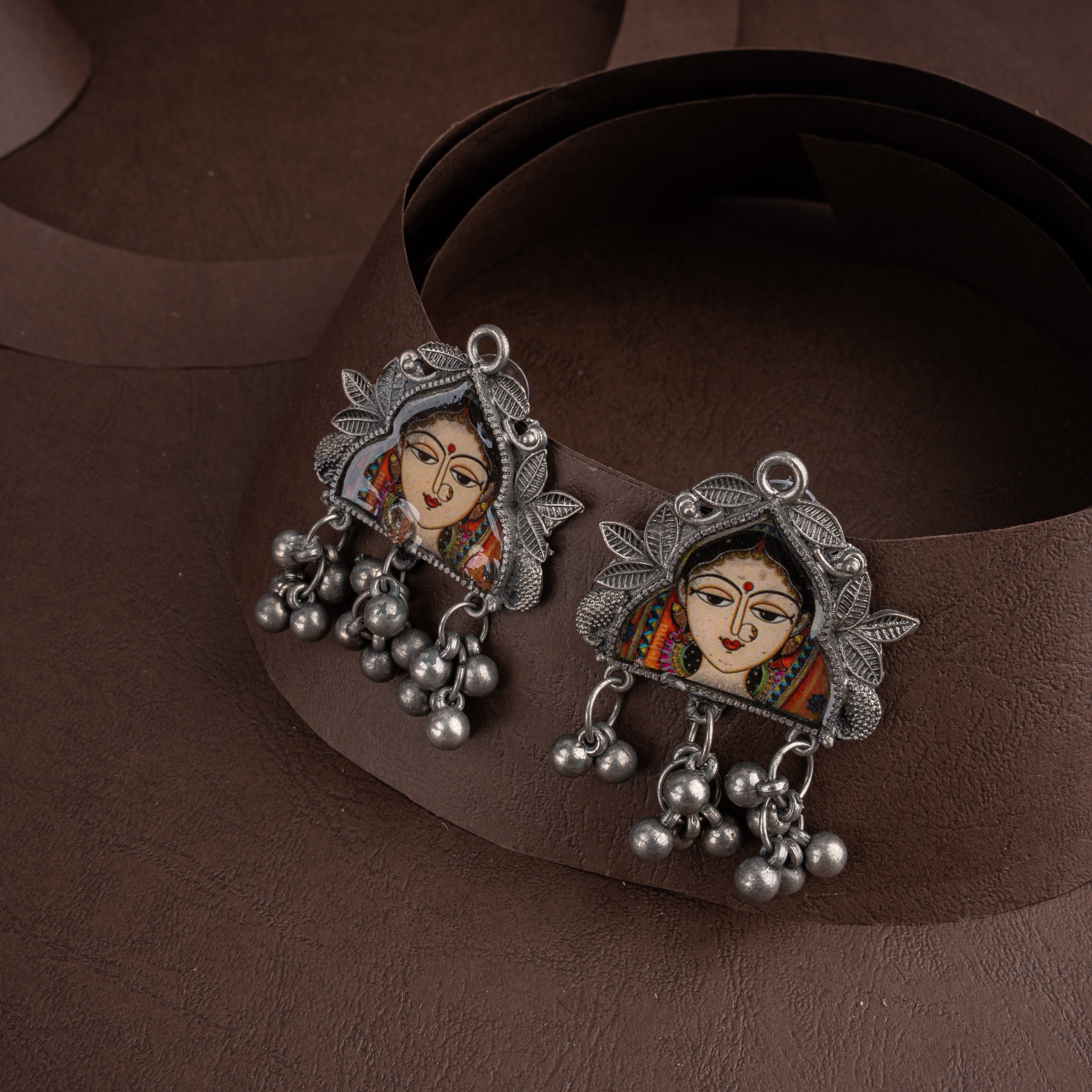 Oxidised Silver Hand-Painted Traditional Bride Portrait Choker Set with Ghungroos