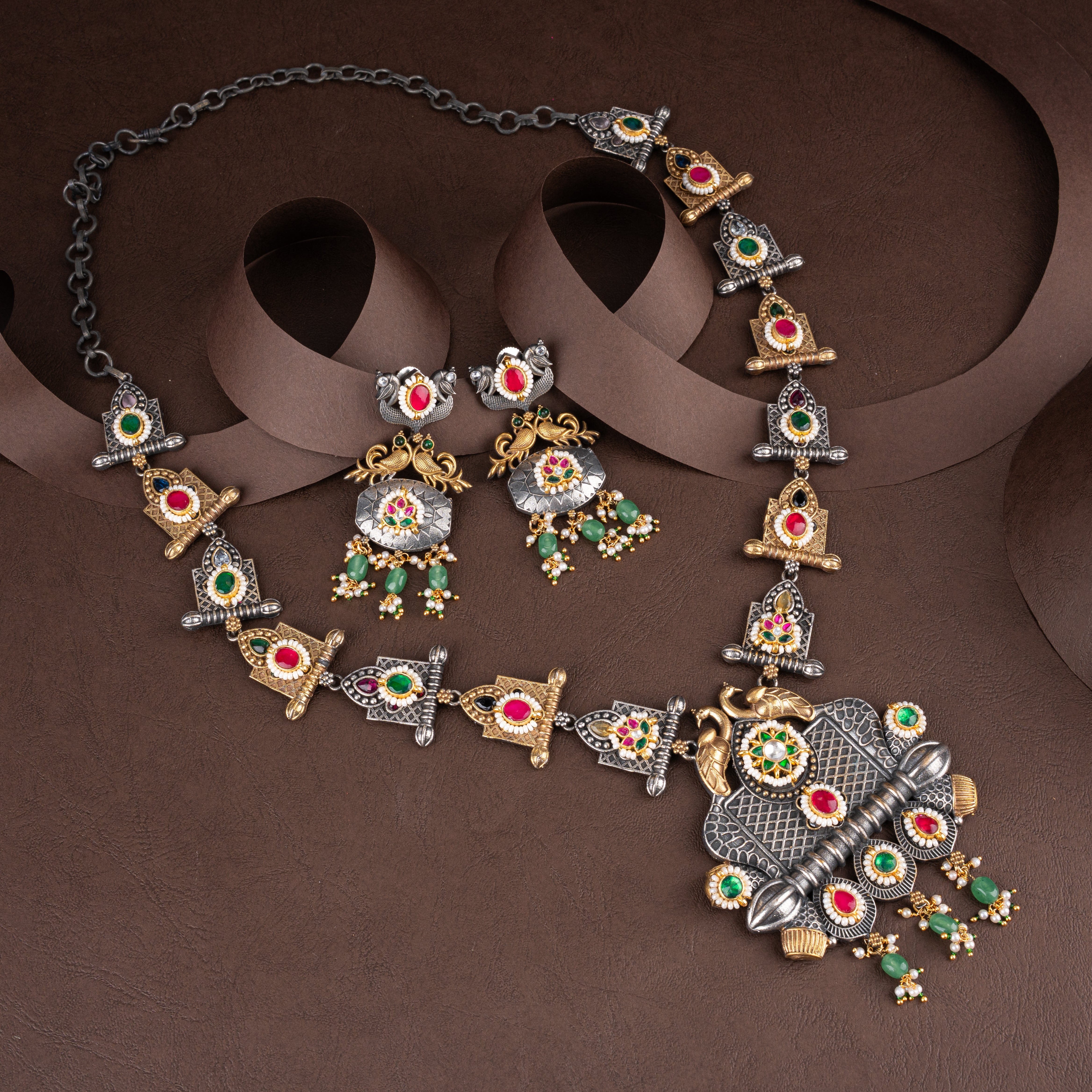 Dual-Tone Oxidised Silver Peacock Motif Long Haram Necklace Set with Bead Drops
