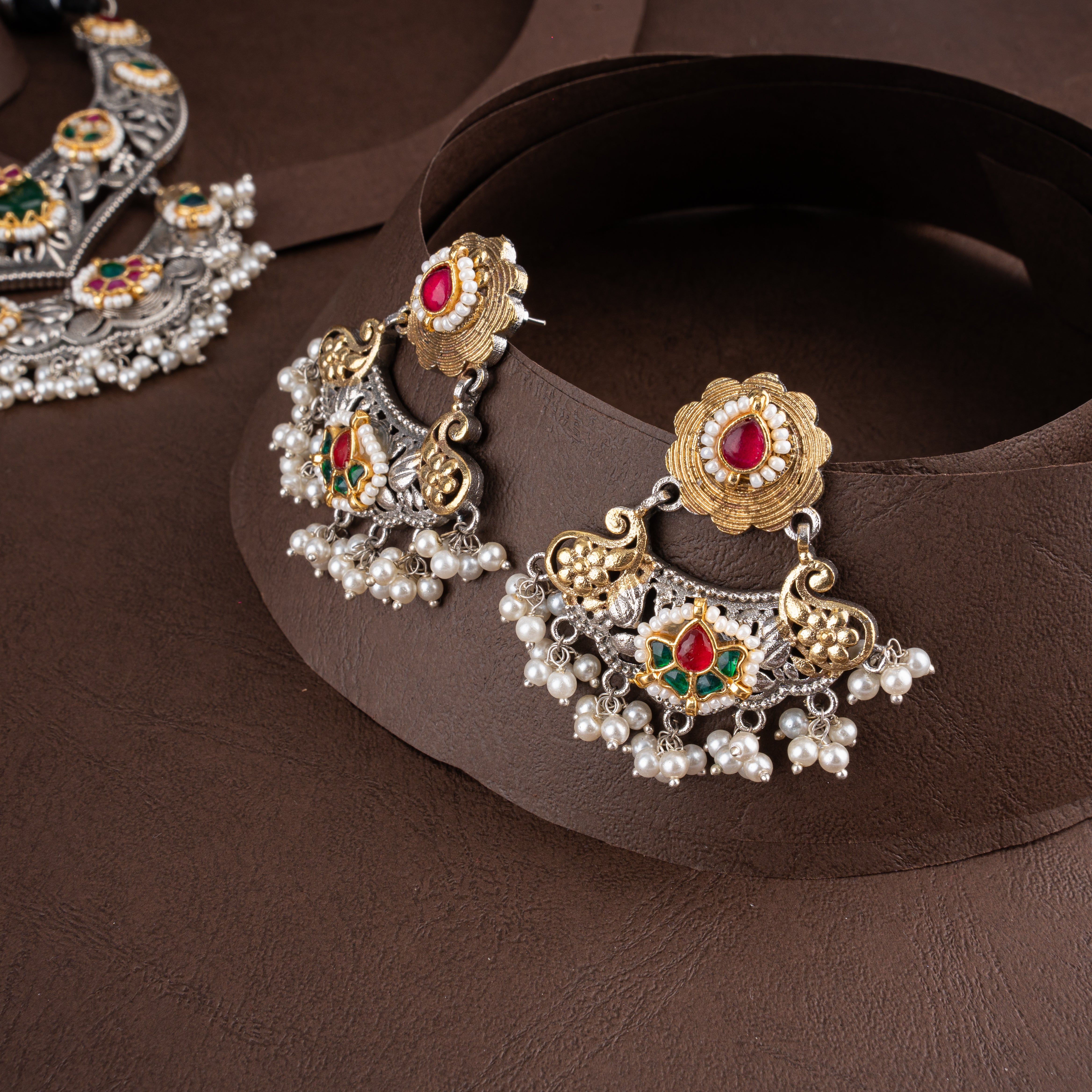 Dual-Tone Oxidised Silver Floral Filigree Hasli Necklace Set with Pearl Drops