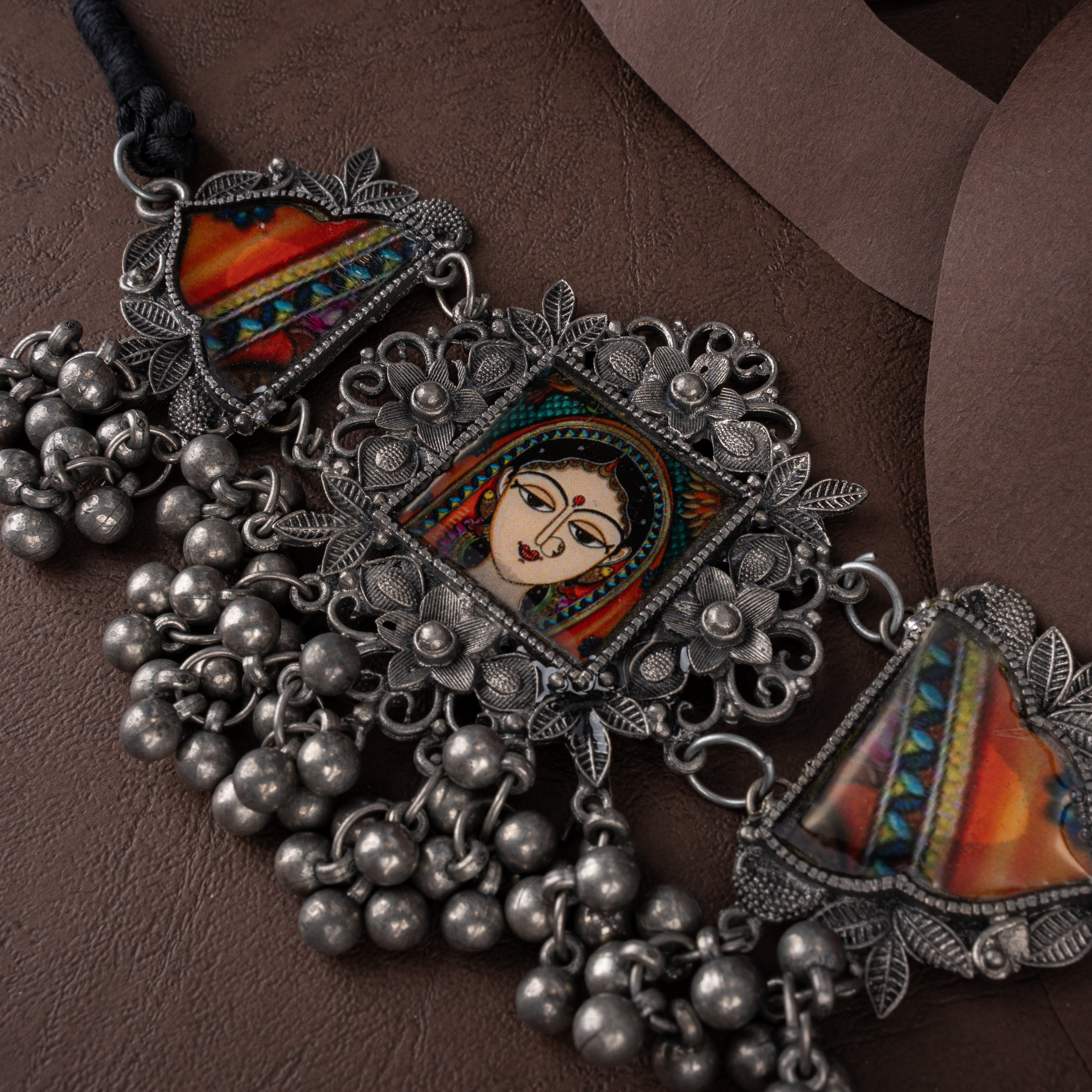Oxidised Silver Hand-Painted Traditional Bride Portrait Choker Set with Ghungroos