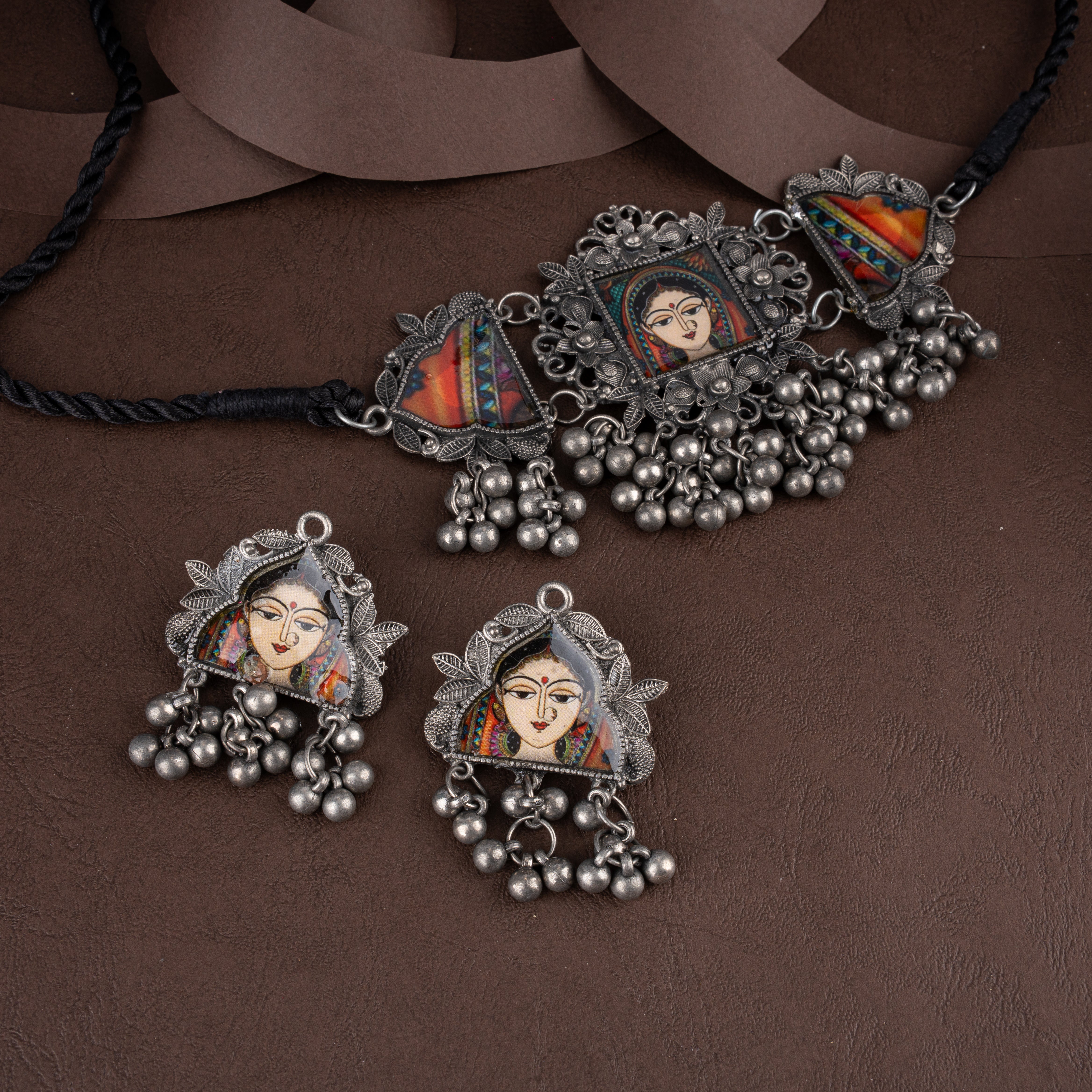 Oxidised Silver Hand-Painted Traditional Bride Portrait Choker Set with Ghungroos