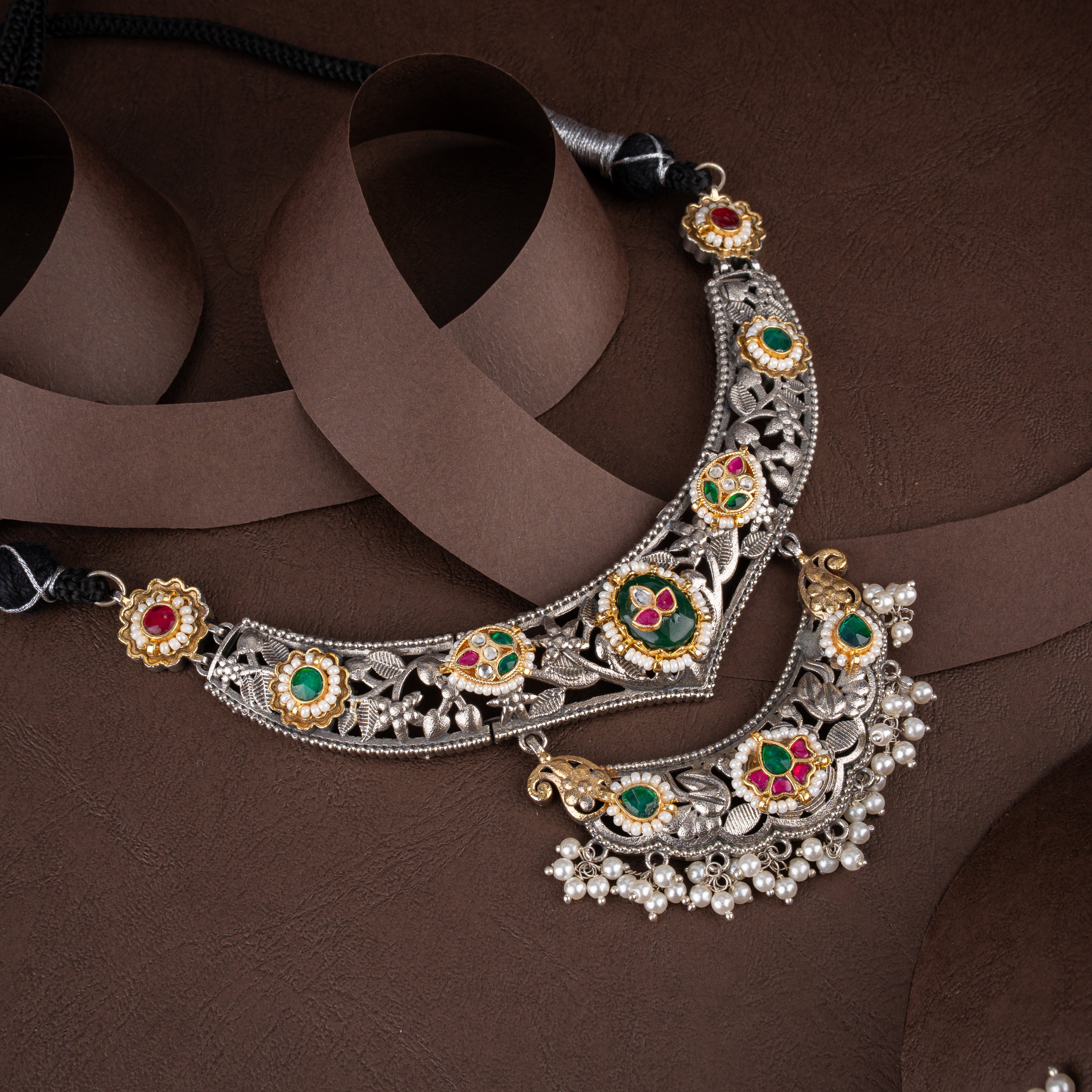 Dual-Tone Oxidised Silver Floral Filigree Hasli Necklace Set with Pearl Drops