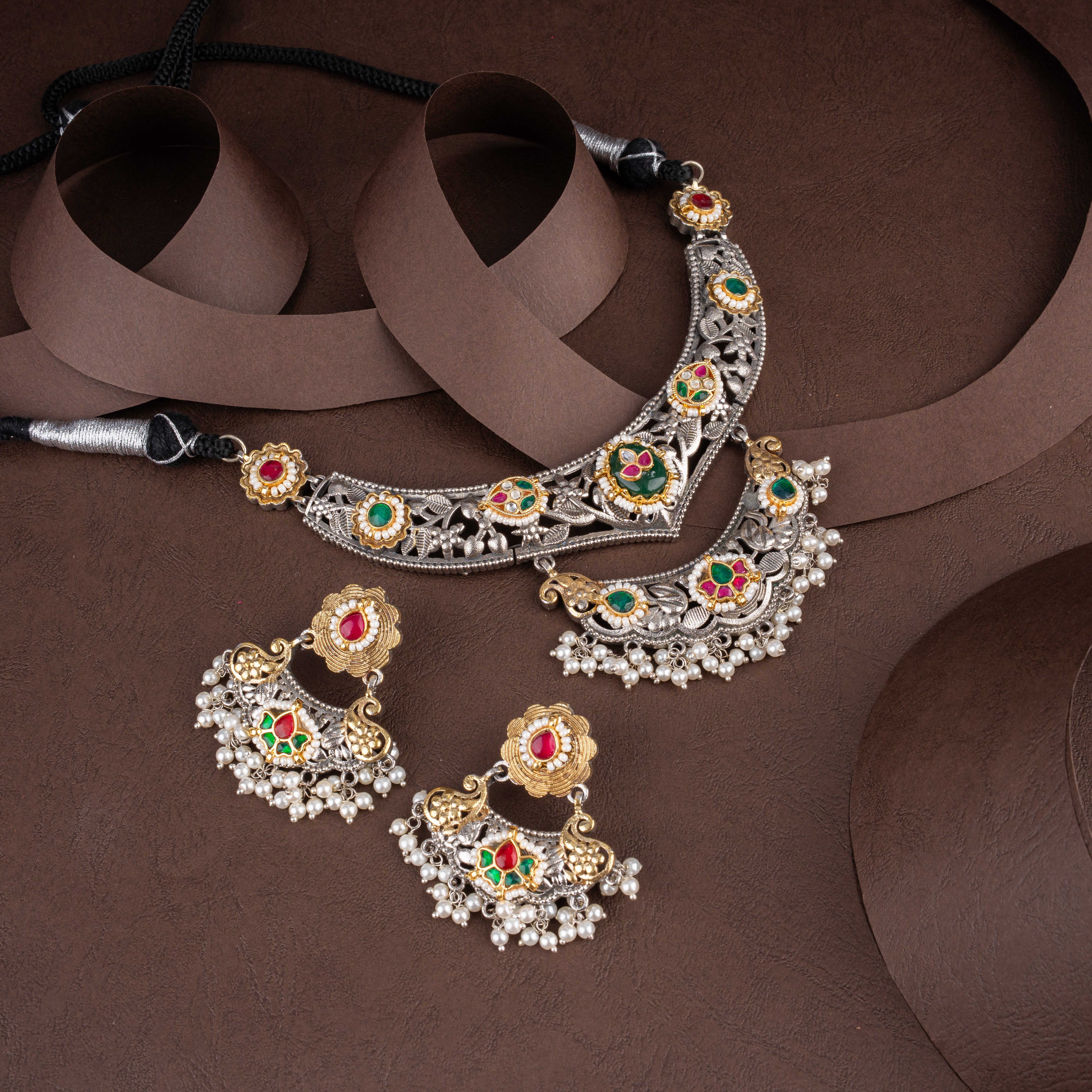 Dual-Tone Oxidised Silver Floral Filigree Hasli Necklace Set with Pearl Drops