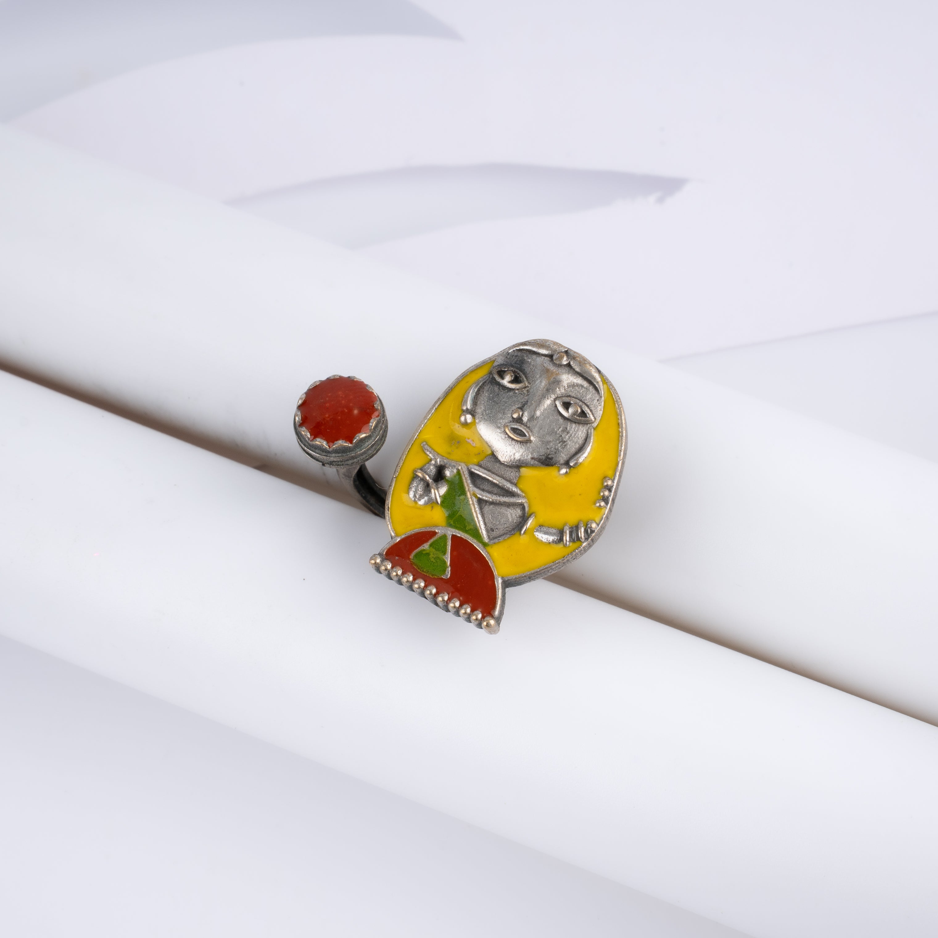 Oxidised Silver Indian Folk Art Meenakari Open Cuff Statement Ring