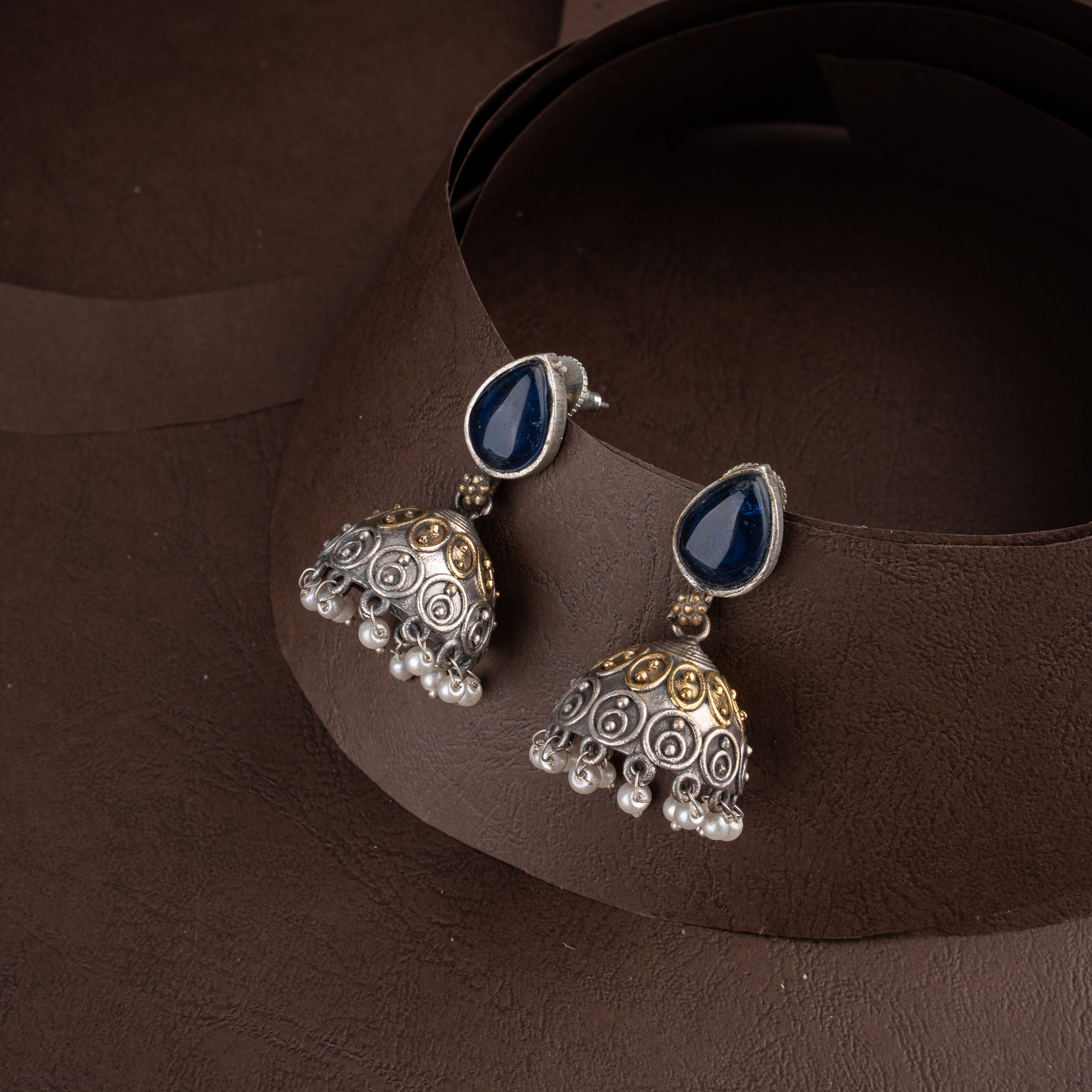 Dual-Tone Oxidised Silver Blue Stone Long Pendant Mala Set with Jhumkas