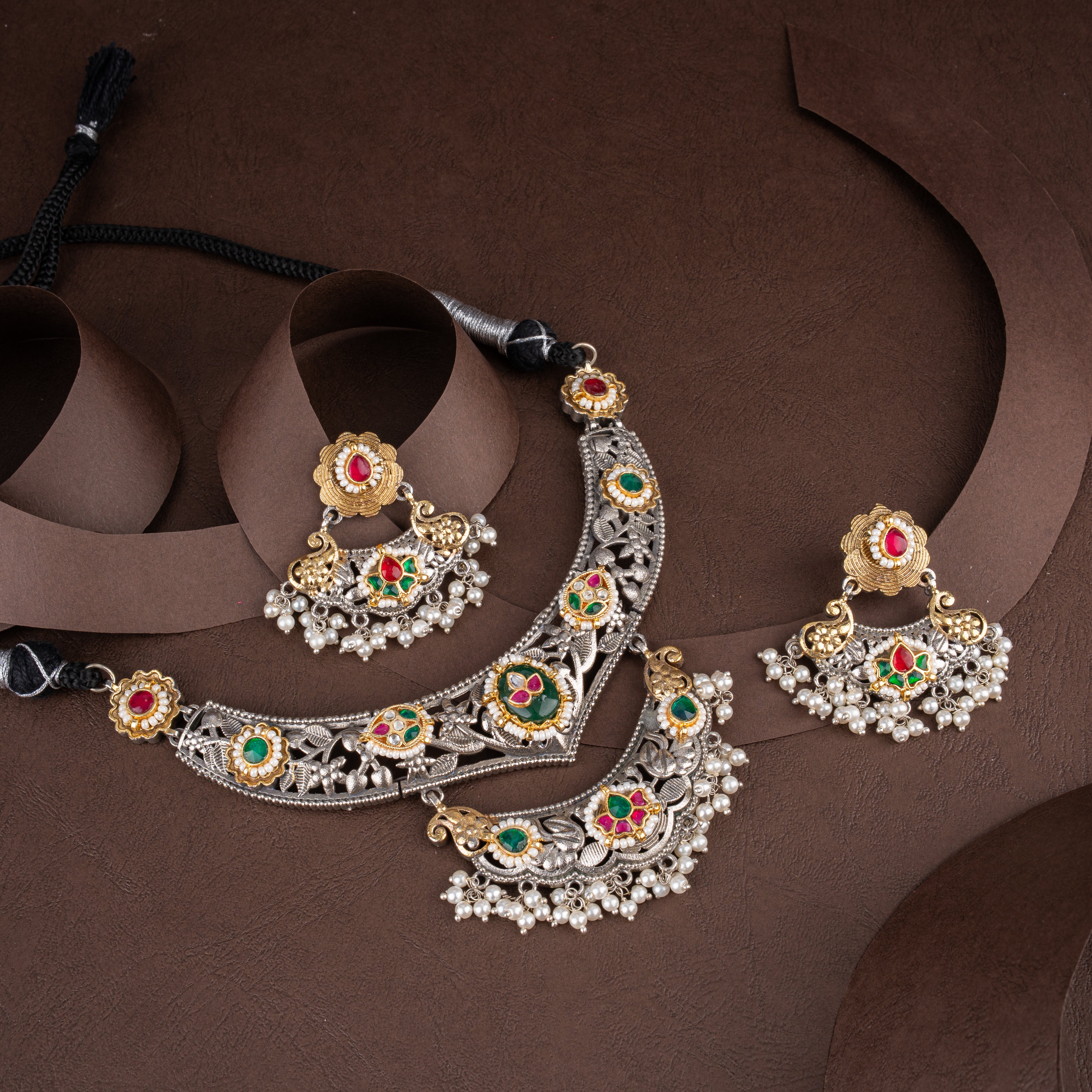Dual-Tone Oxidised Silver Floral Filigree Hasli Necklace Set with Pearl Drops