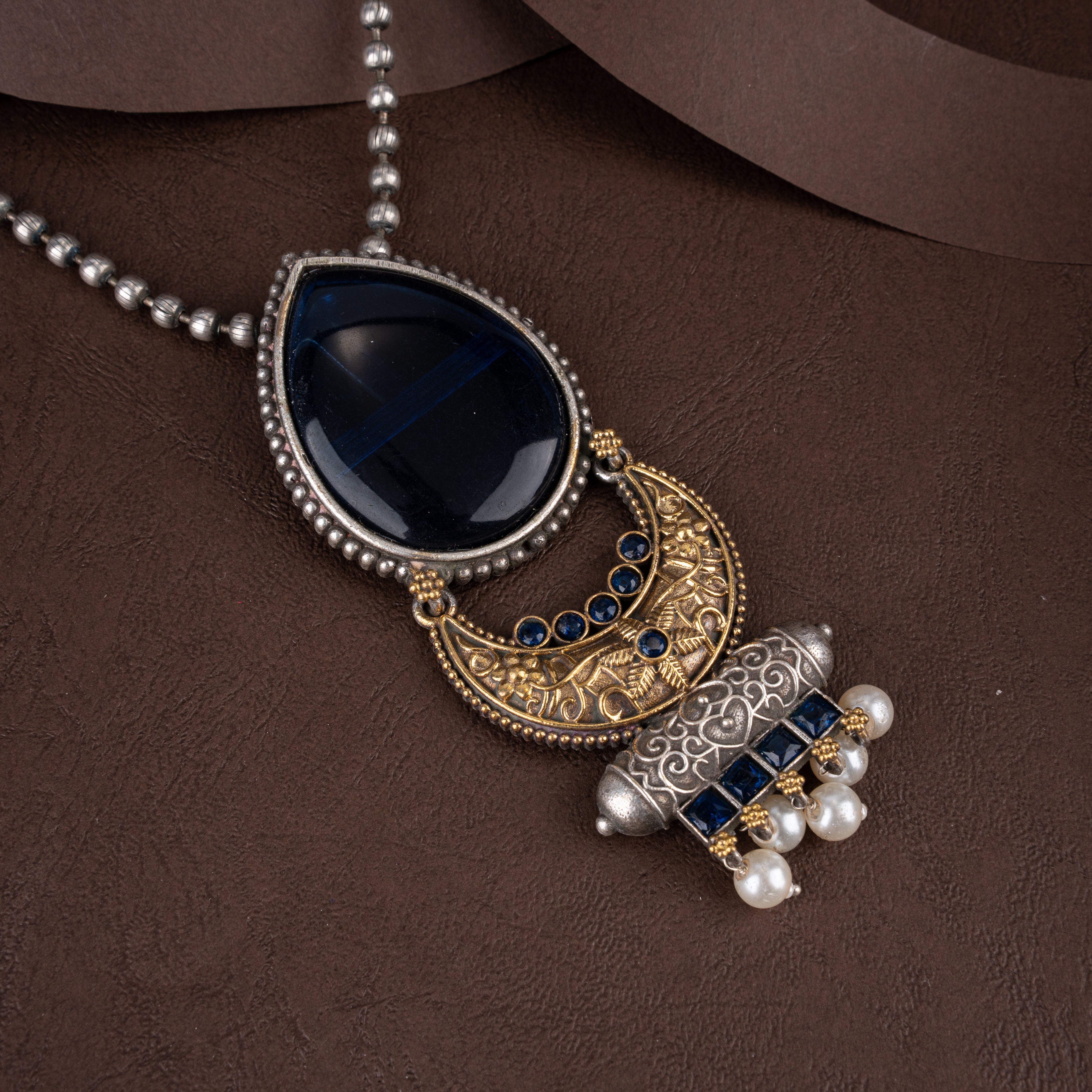 Dual-Tone Oxidised Silver Blue Stone Long Pendant Mala Set with Jhumkas