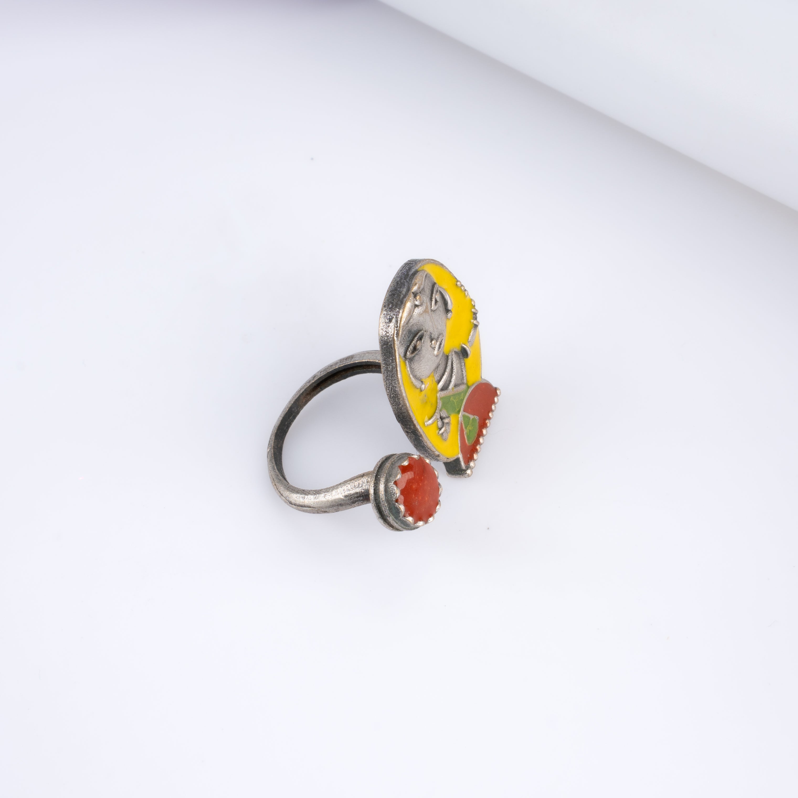 Oxidised Silver Indian Folk Art Meenakari Open Cuff Statement Ring