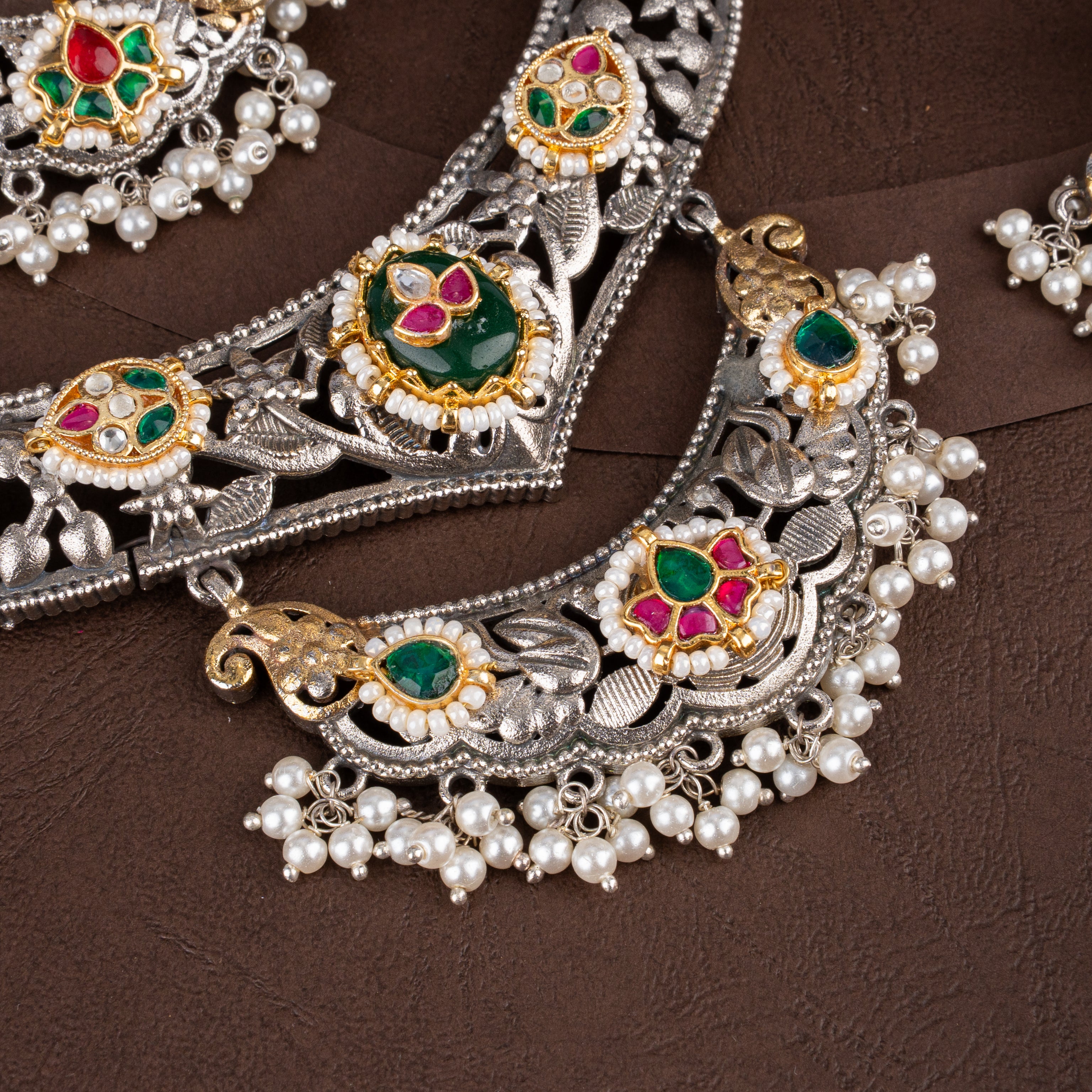 Dual-Tone Oxidised Silver Floral Filigree Hasli Necklace Set with Pearl Drops