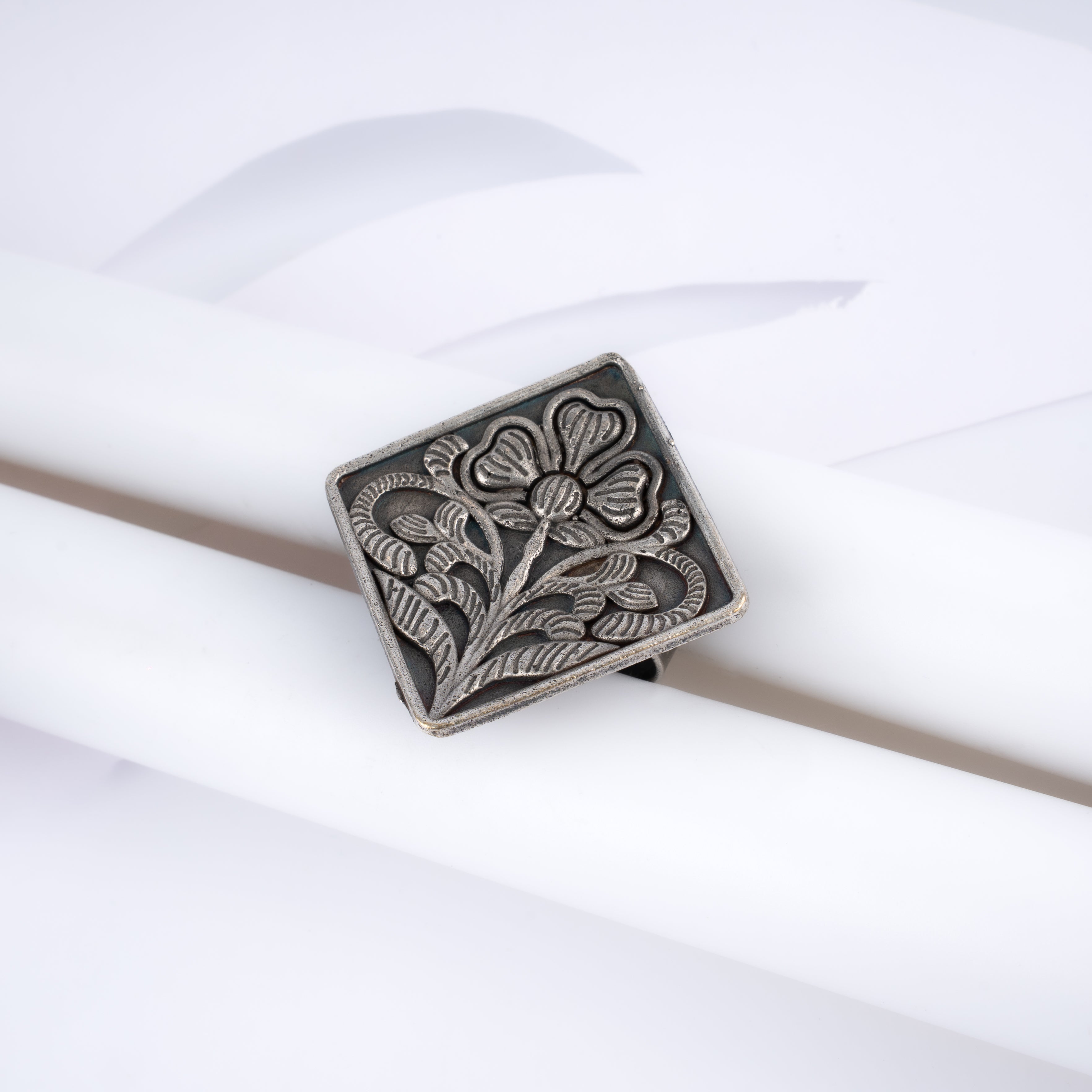 Oxidised Square Floral Carved Statement Finger Ring