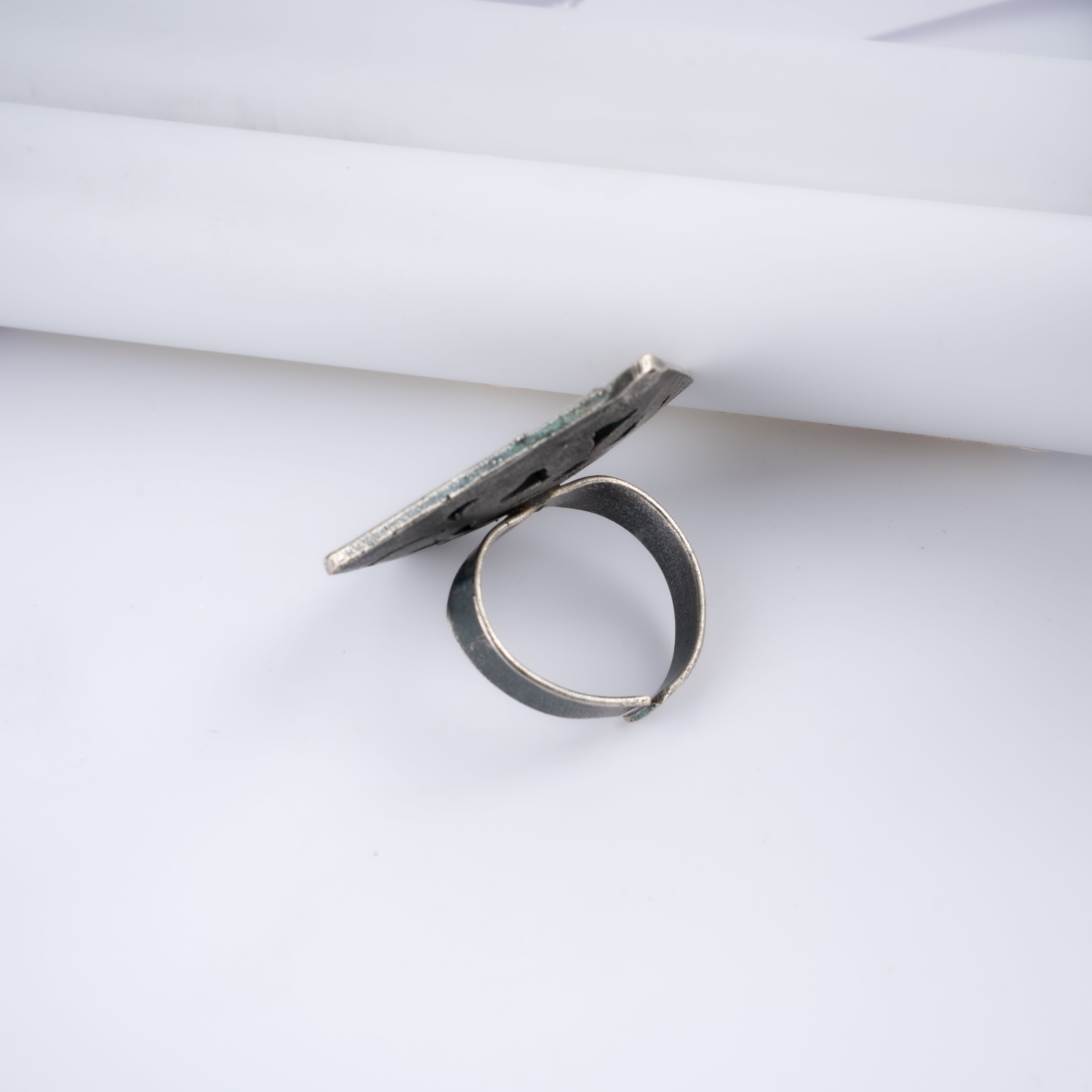 Oxidised Square Floral Carved Statement Finger Ring
