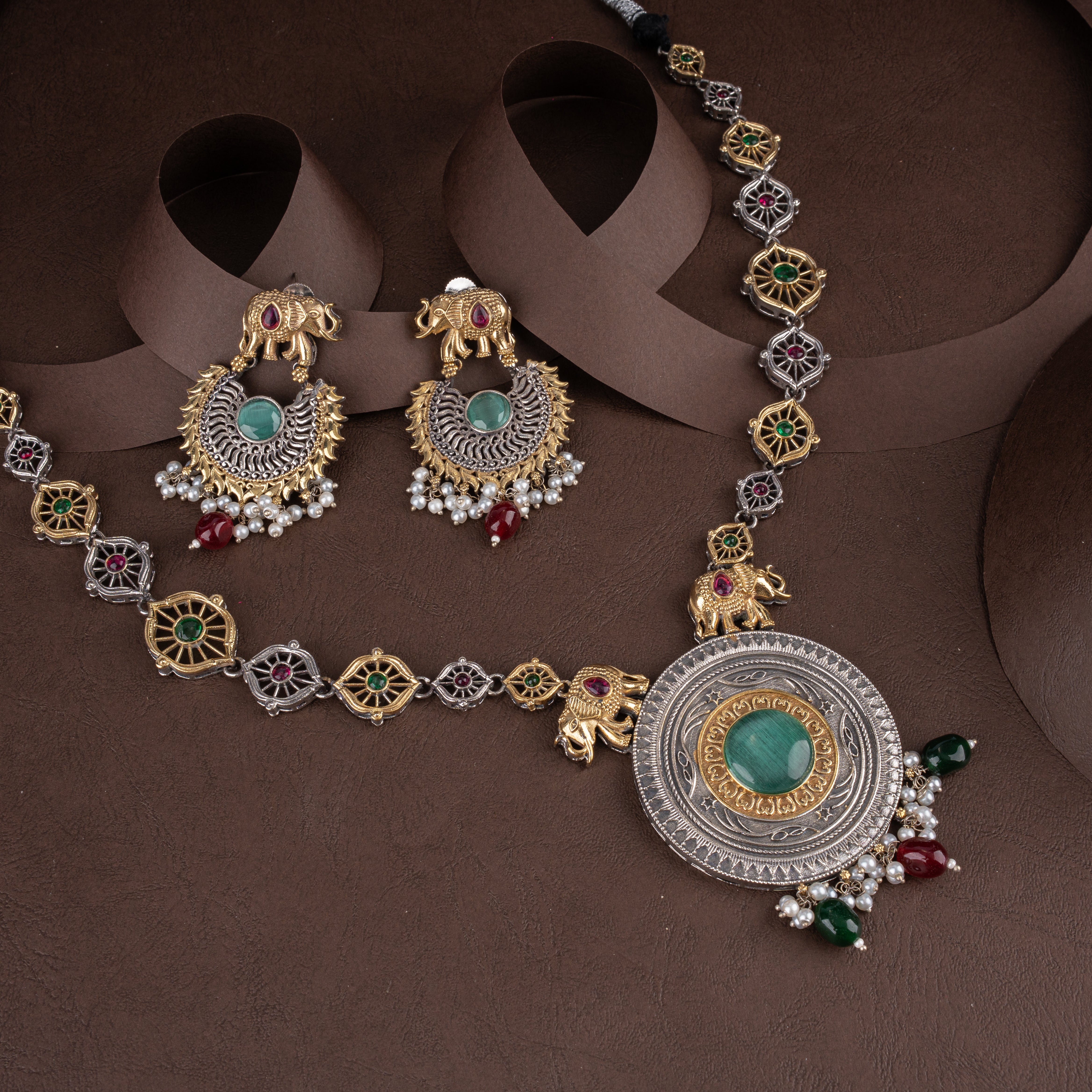 Dual-Tone Oxidised Silver Elephant Motif Long Necklace Set with Matching Earrings