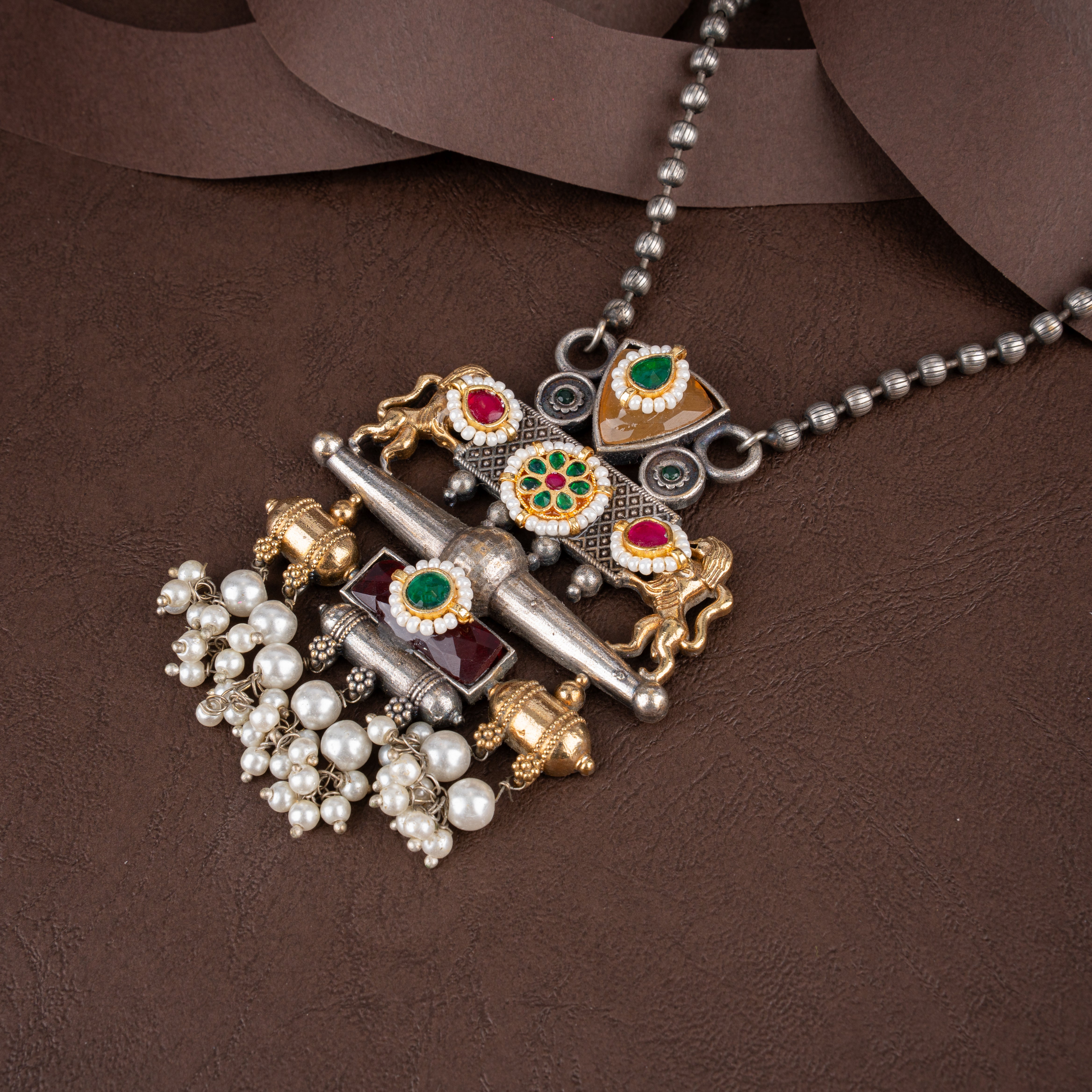 Oxidised Silver Lion Motif Long Pendant Necklace Set with Pearl Drops