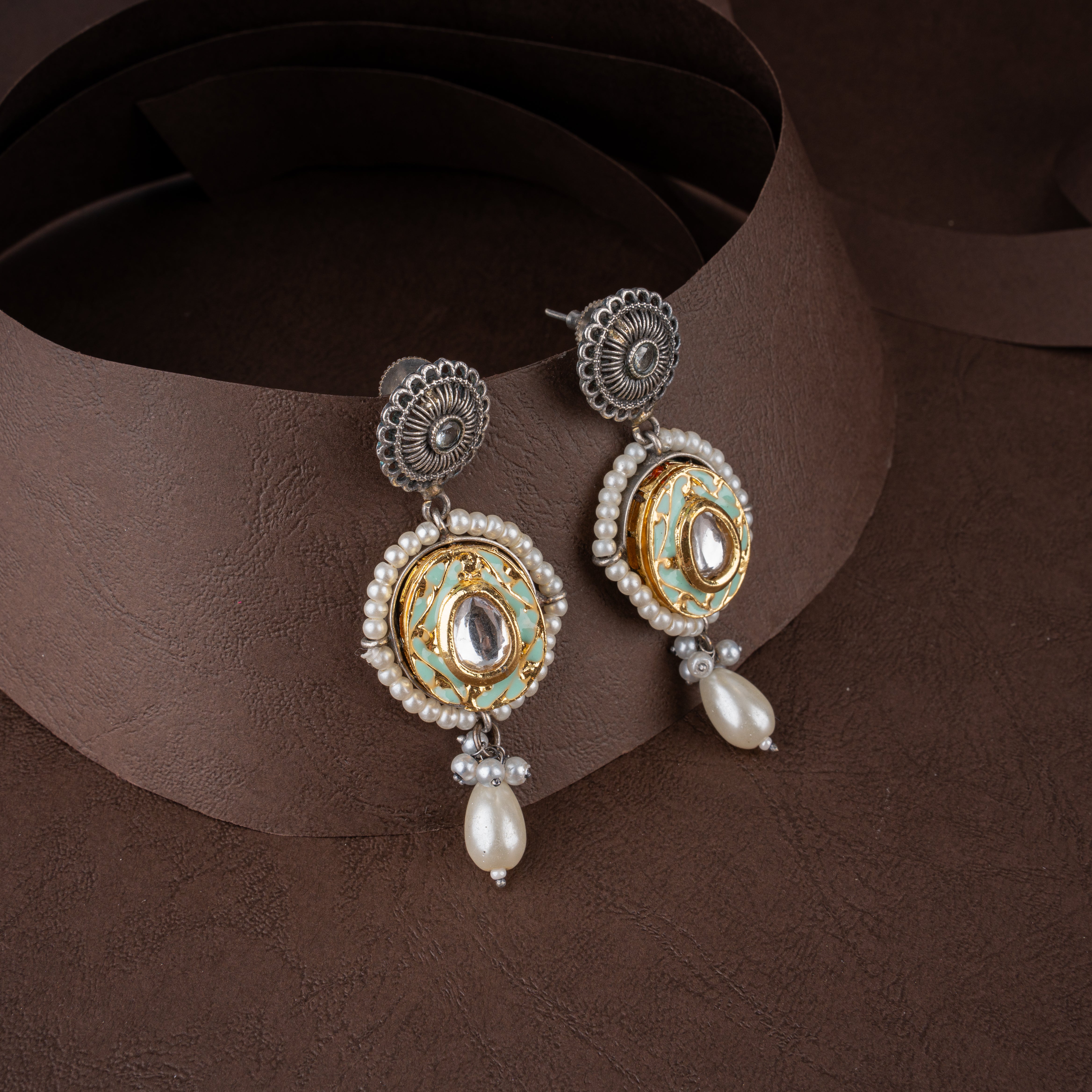 Dual-Tone Oxidised Silver Meenakari & Kundan Choker Necklace Set with Pearl Drops