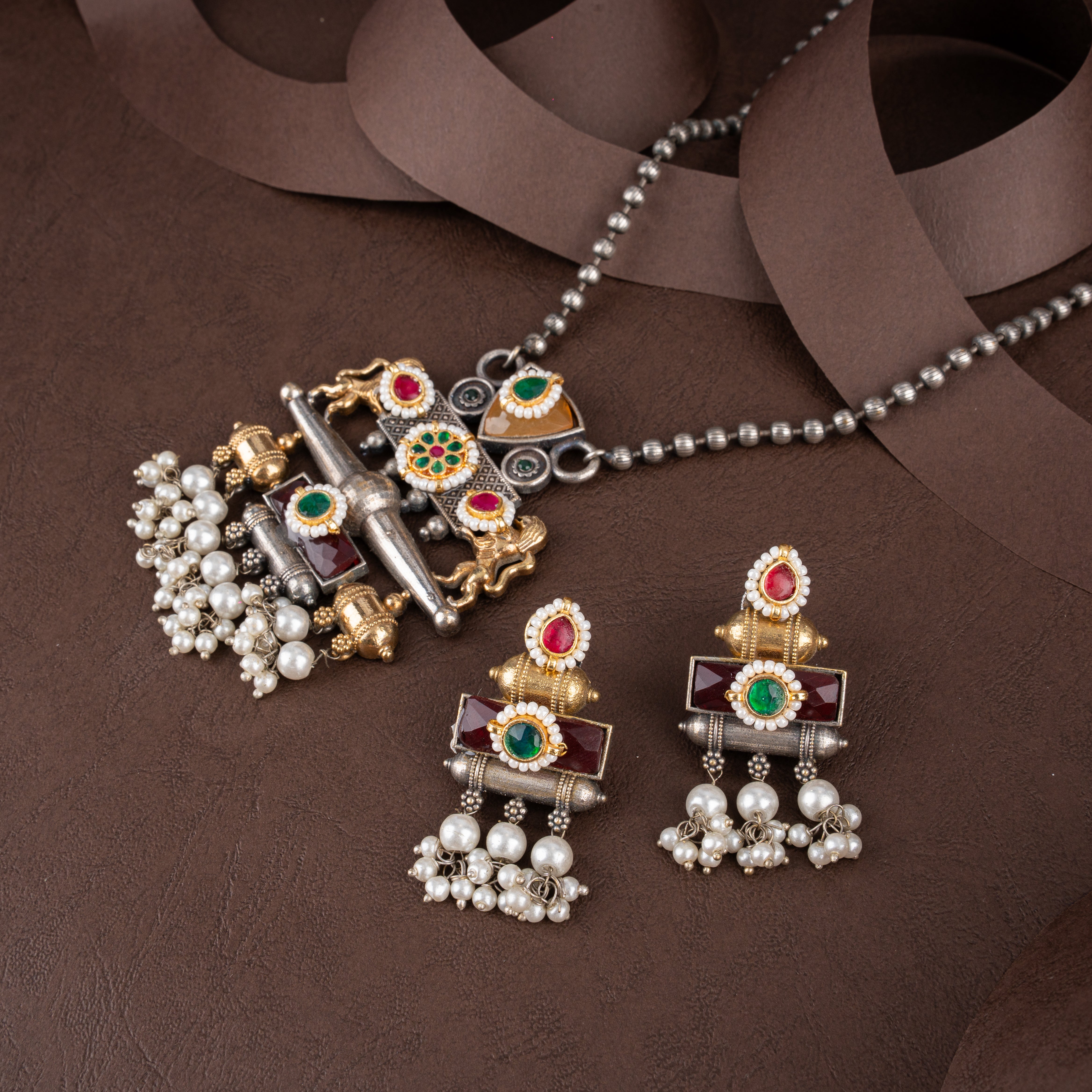 Oxidised Silver Lion Motif Long Pendant Necklace Set with Pearl Drops