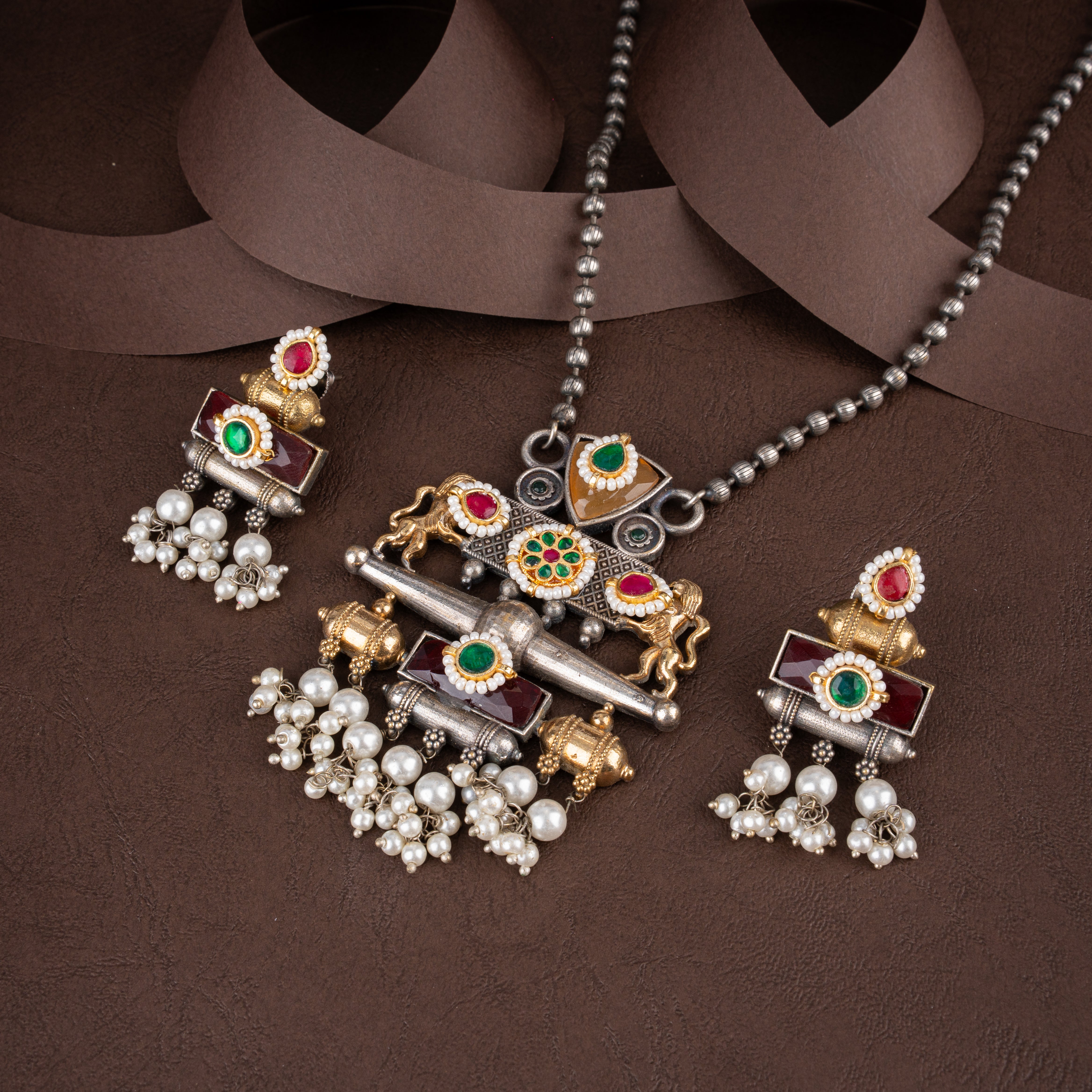 Oxidised Silver Lion Motif Long Pendant Necklace Set with Pearl Drops