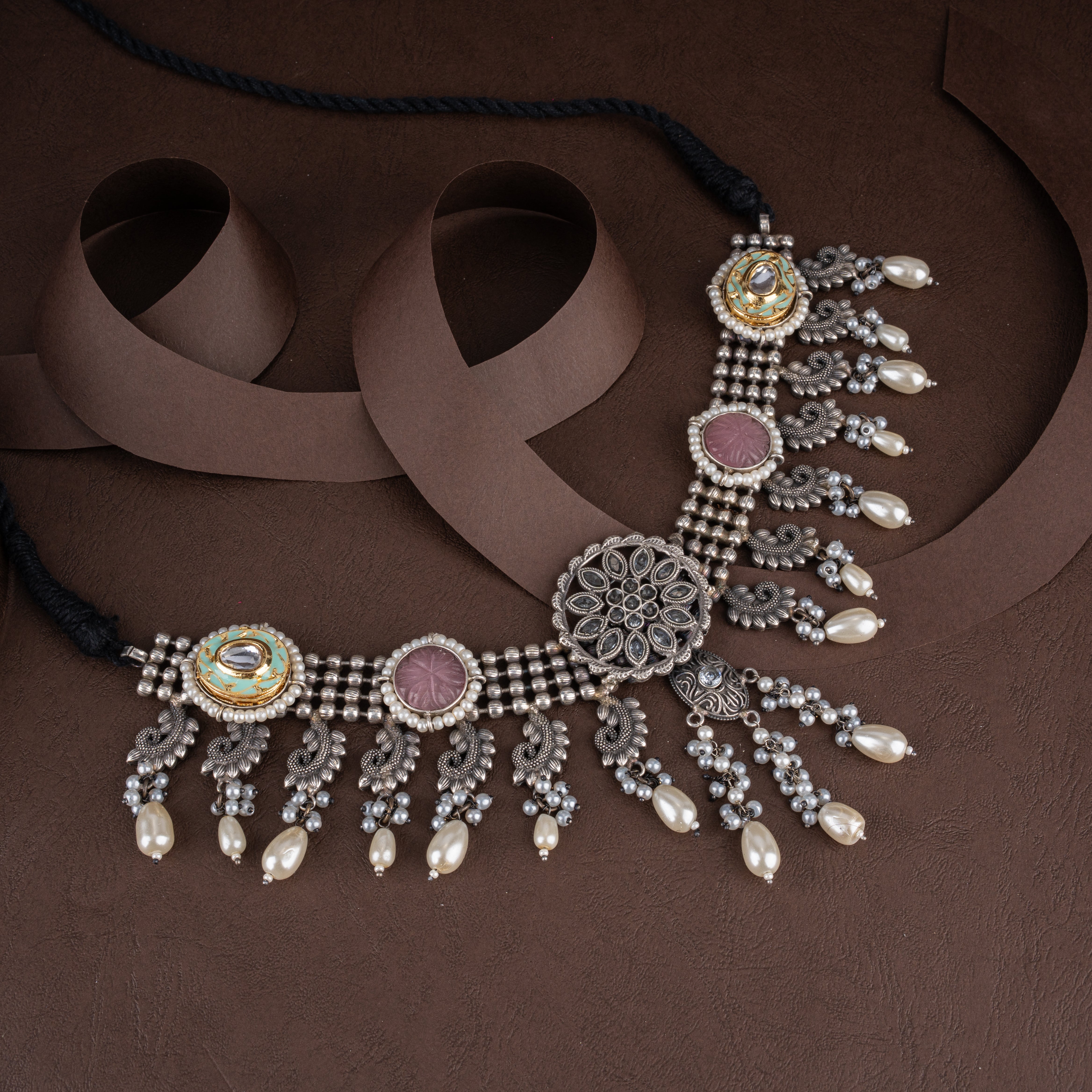 Dual-Tone Oxidised Silver Meenakari & Kundan Choker Necklace Set with Pearl Drops