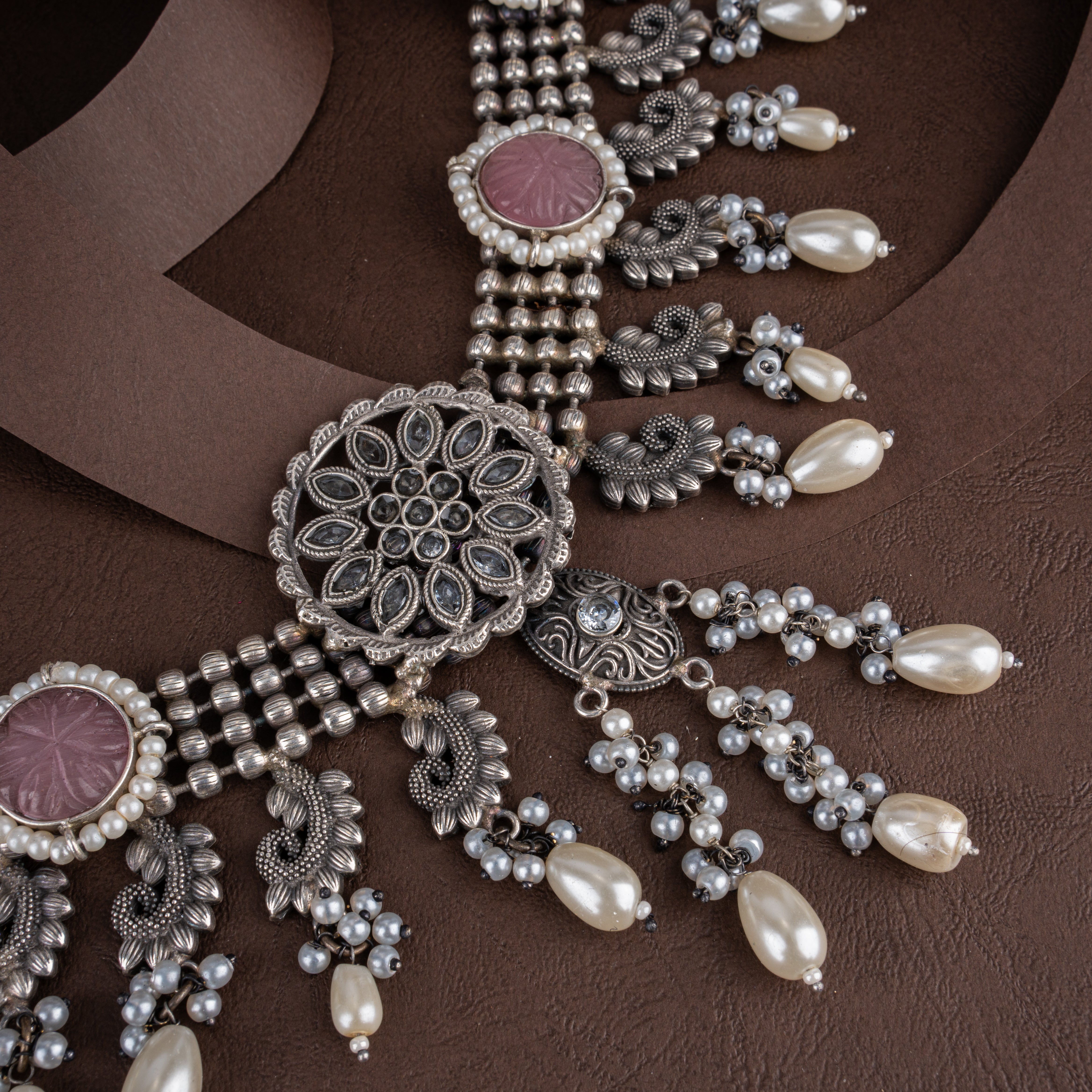 Dual-Tone Oxidised Silver Meenakari & Kundan Choker Necklace Set with Pearl Drops