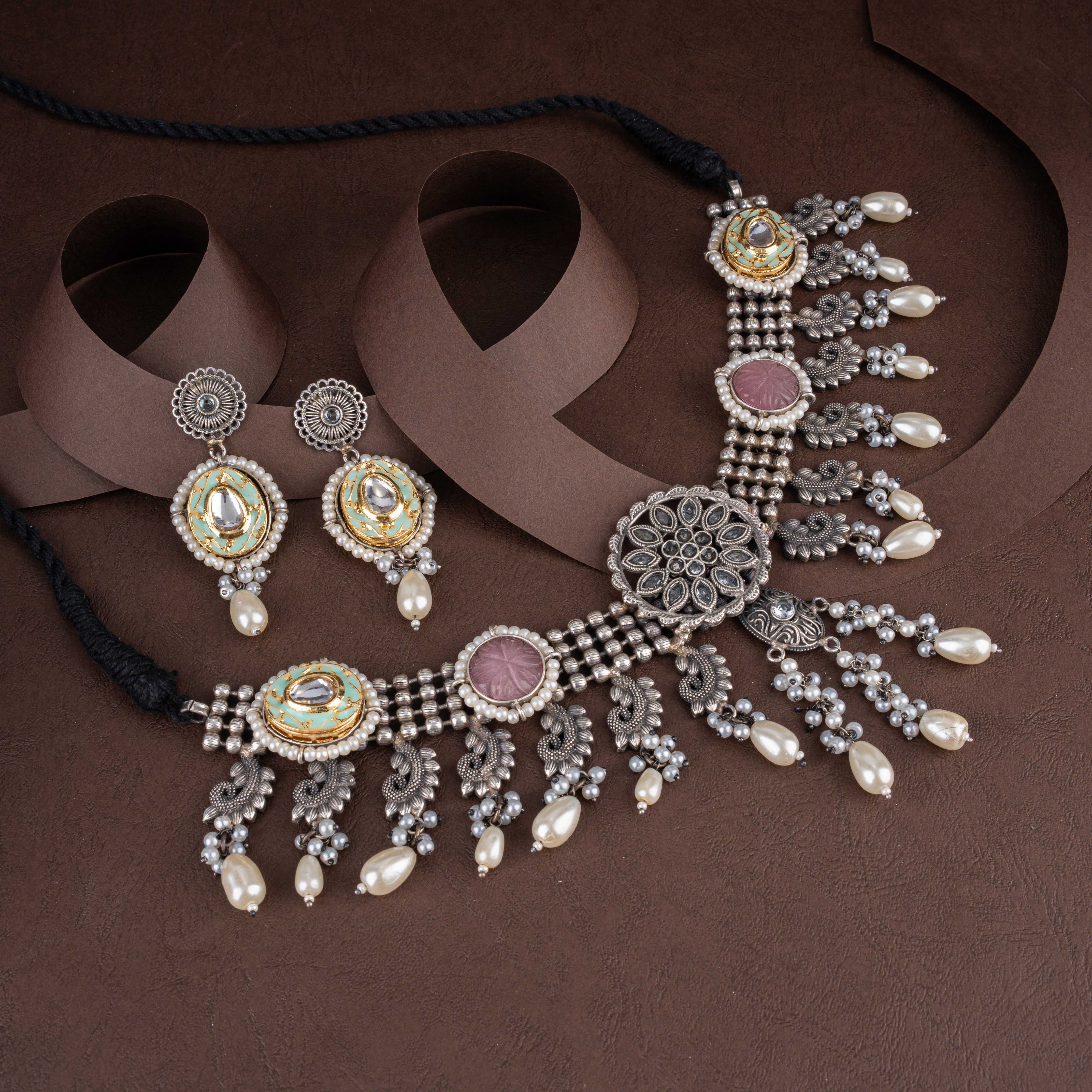 Dual-Tone Oxidised Silver Meenakari & Kundan Choker Necklace Set with Pearl Drops