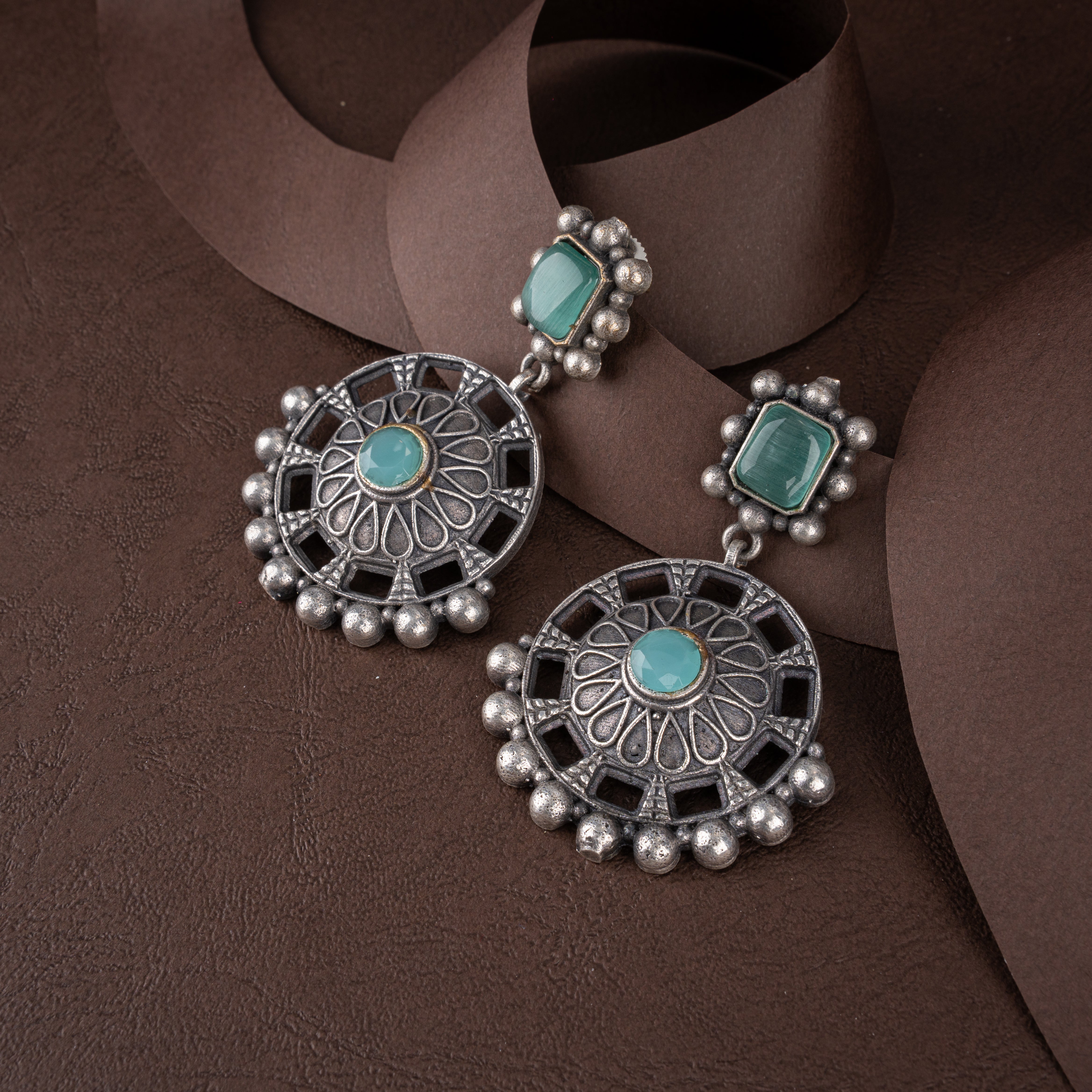 Oxidised Silver Mint Green Stone Hasli Necklace Set with Matching Earrings