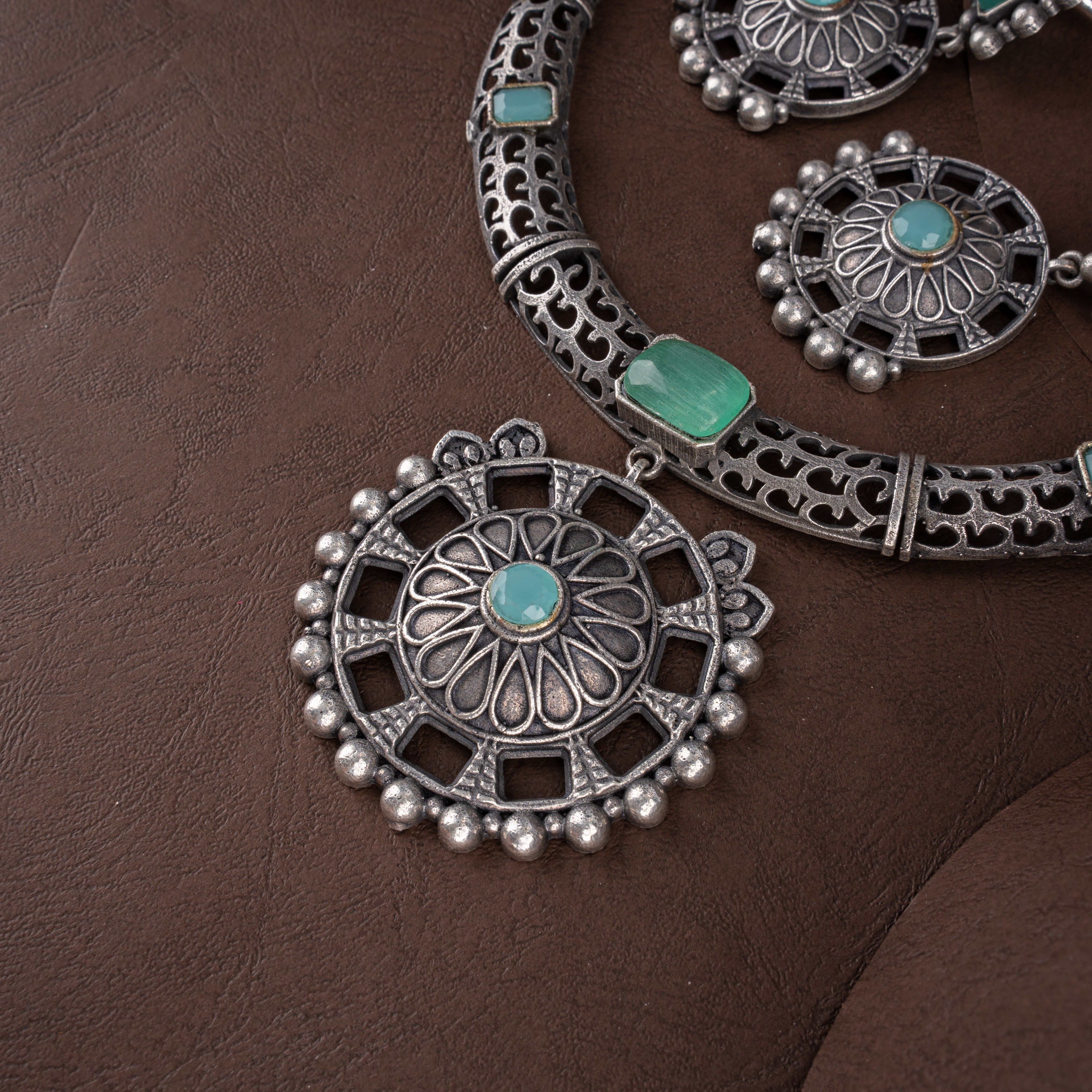 Oxidised Silver Mint Green Stone Hasli Necklace Set with Matching Earrings
