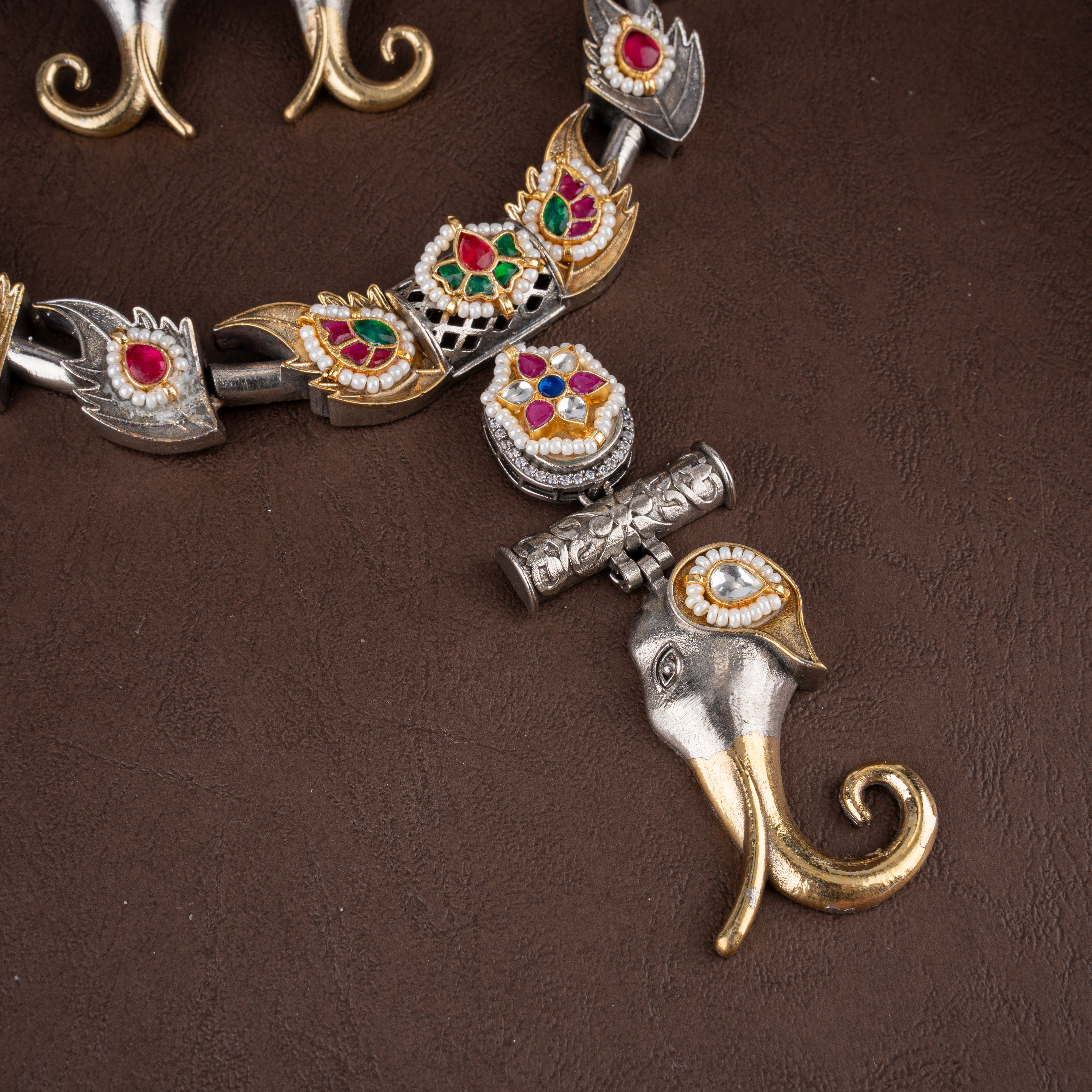 Dual-Tone Oxidised Silver Elephant Trunk Hasli Necklace Set with Matching Earrings