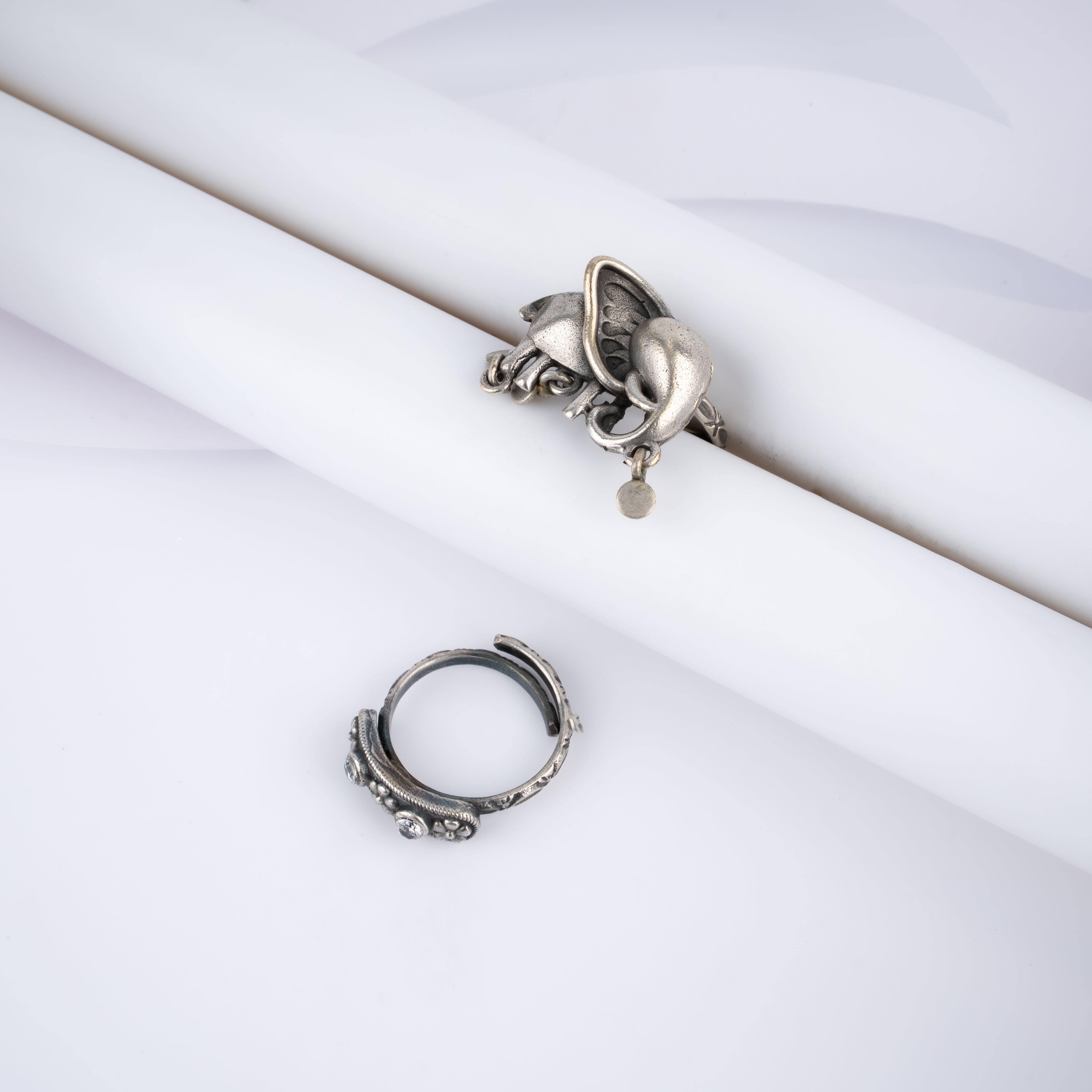 Oxidised Silver Royal Elephant Ring Set with Coin Charms