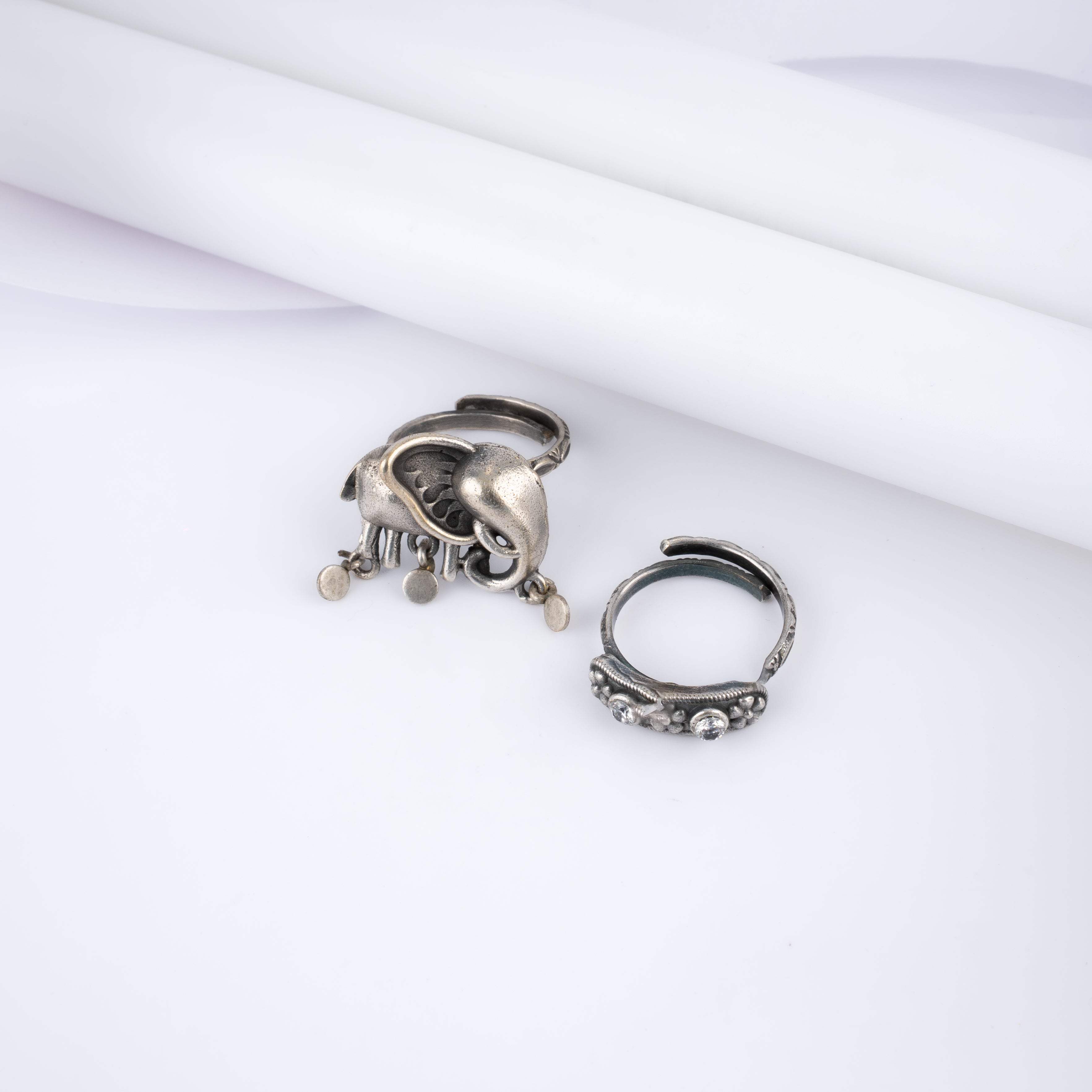 Oxidised Silver Royal Elephant Ring Set with Coin Charms