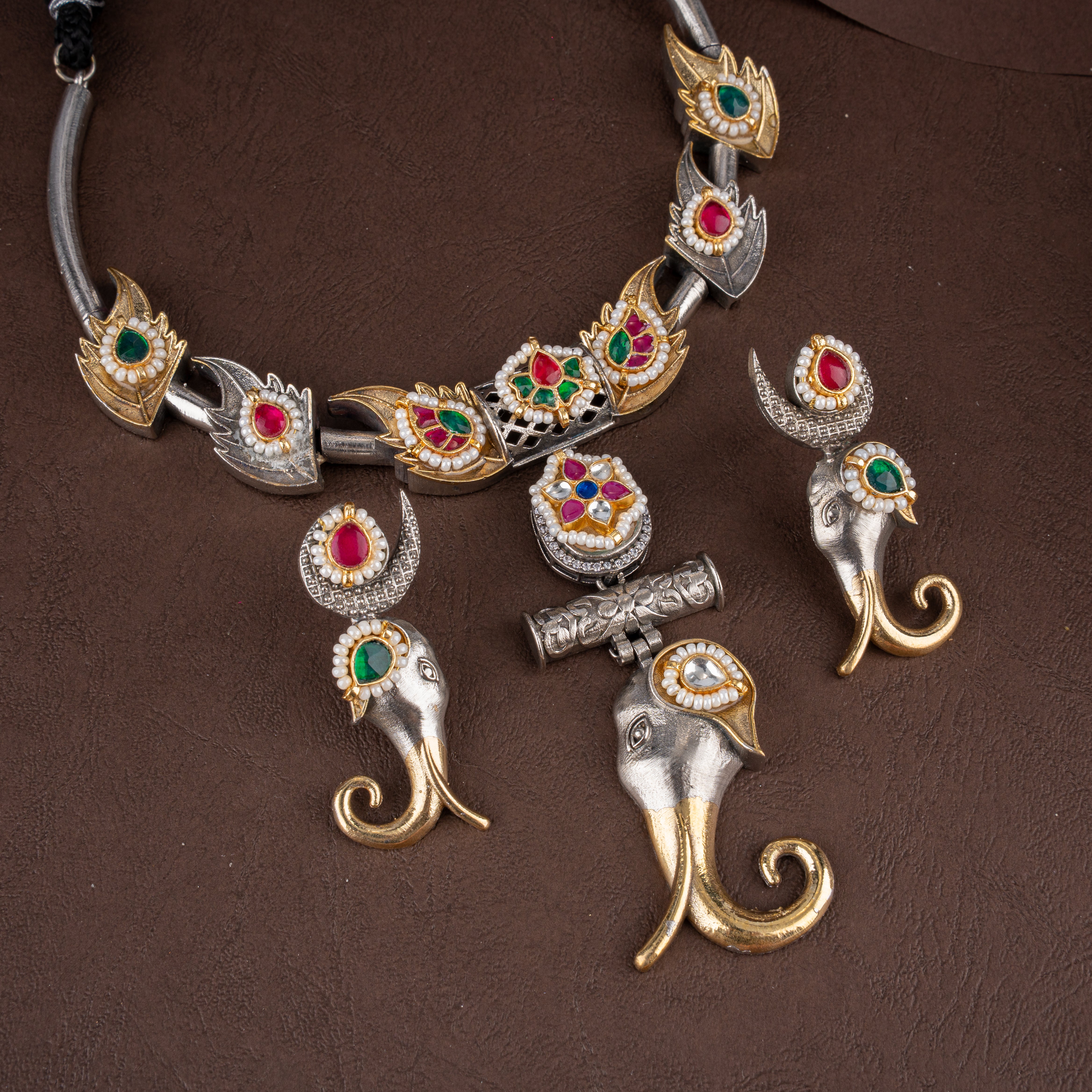 Dual-Tone Oxidised Silver Elephant Trunk Hasli Necklace Set with Matching Earrings