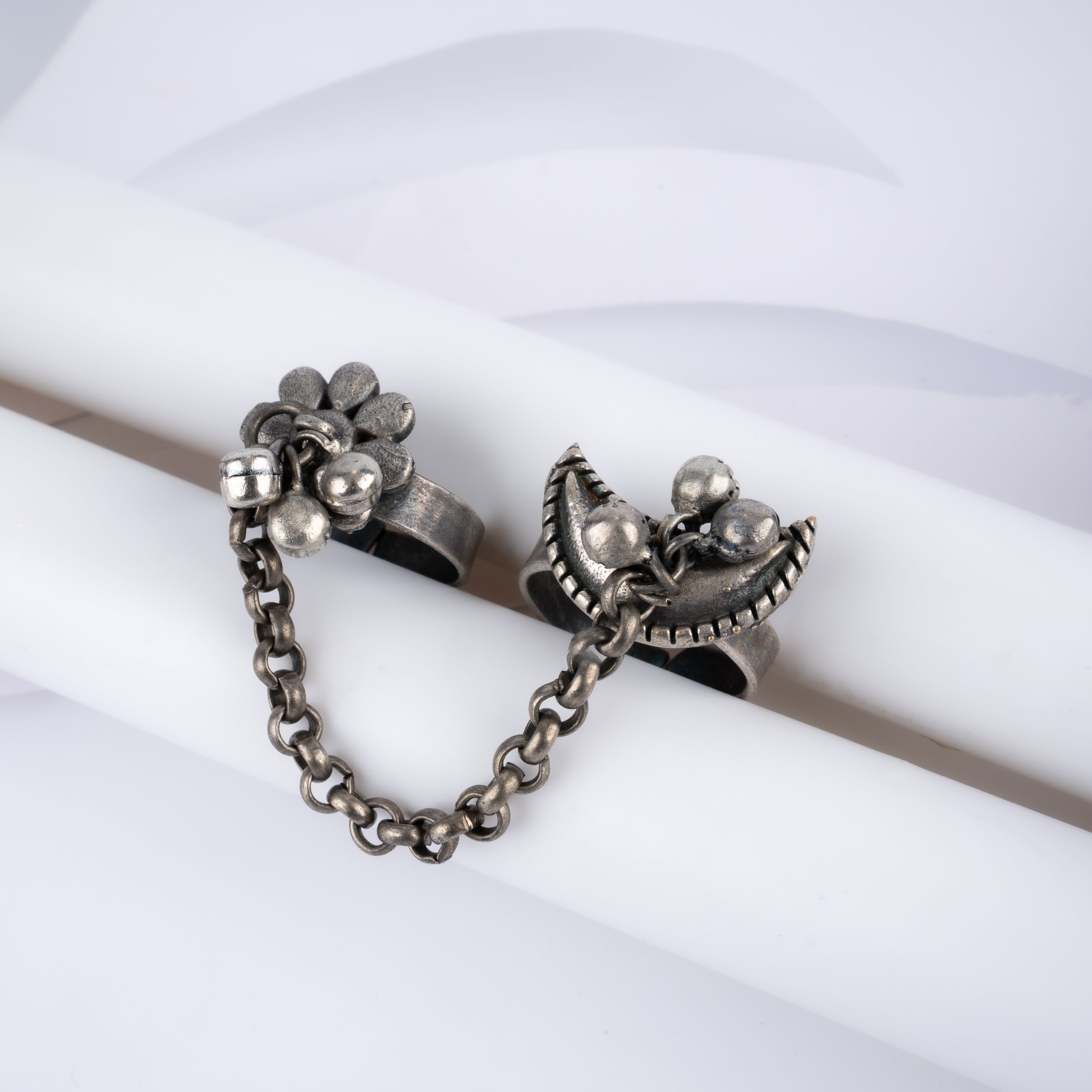 Oxidised Silver Crescent Floral Chain Linked Two Finger Ring