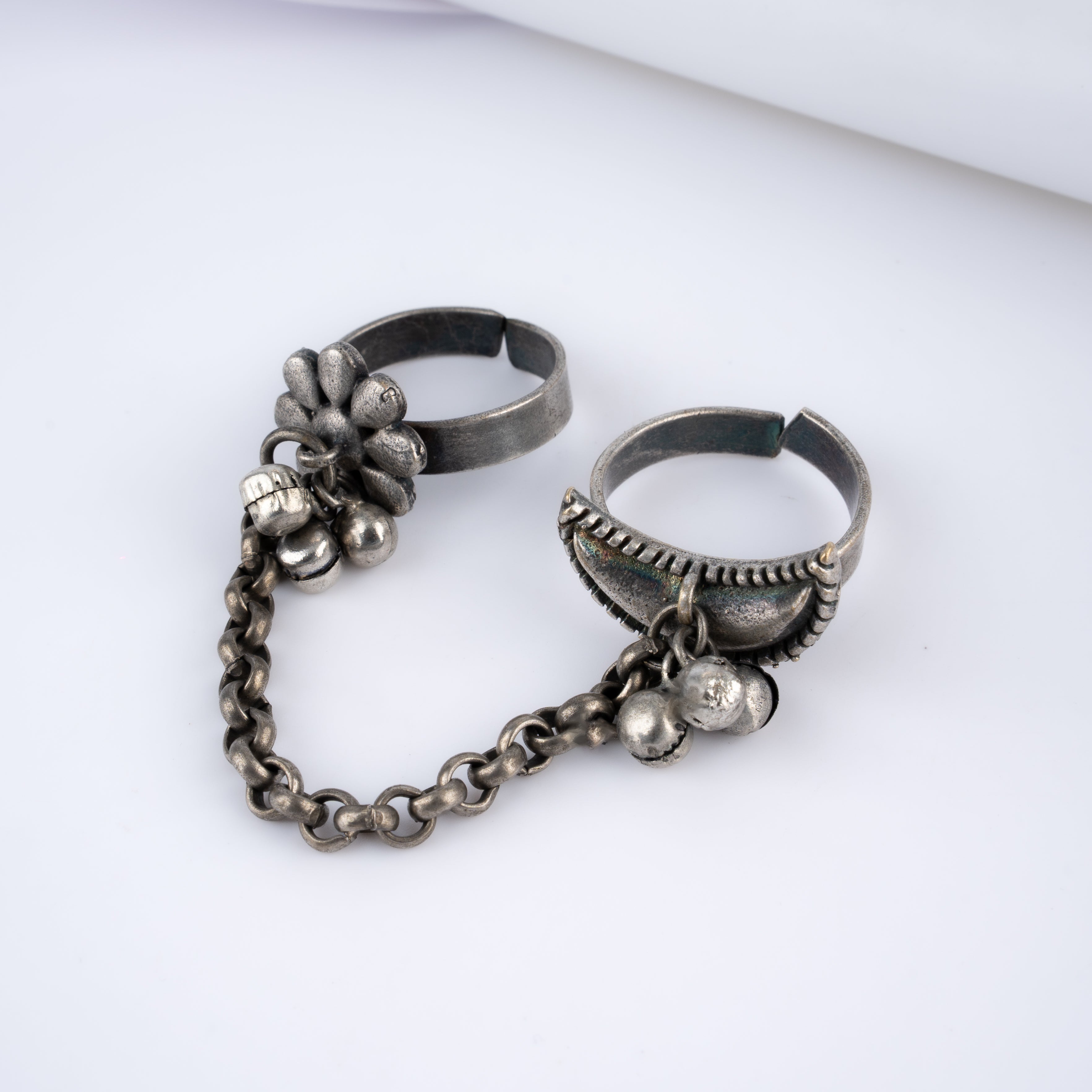 Oxidised Silver Crescent Floral Chain Linked Two Finger Ring