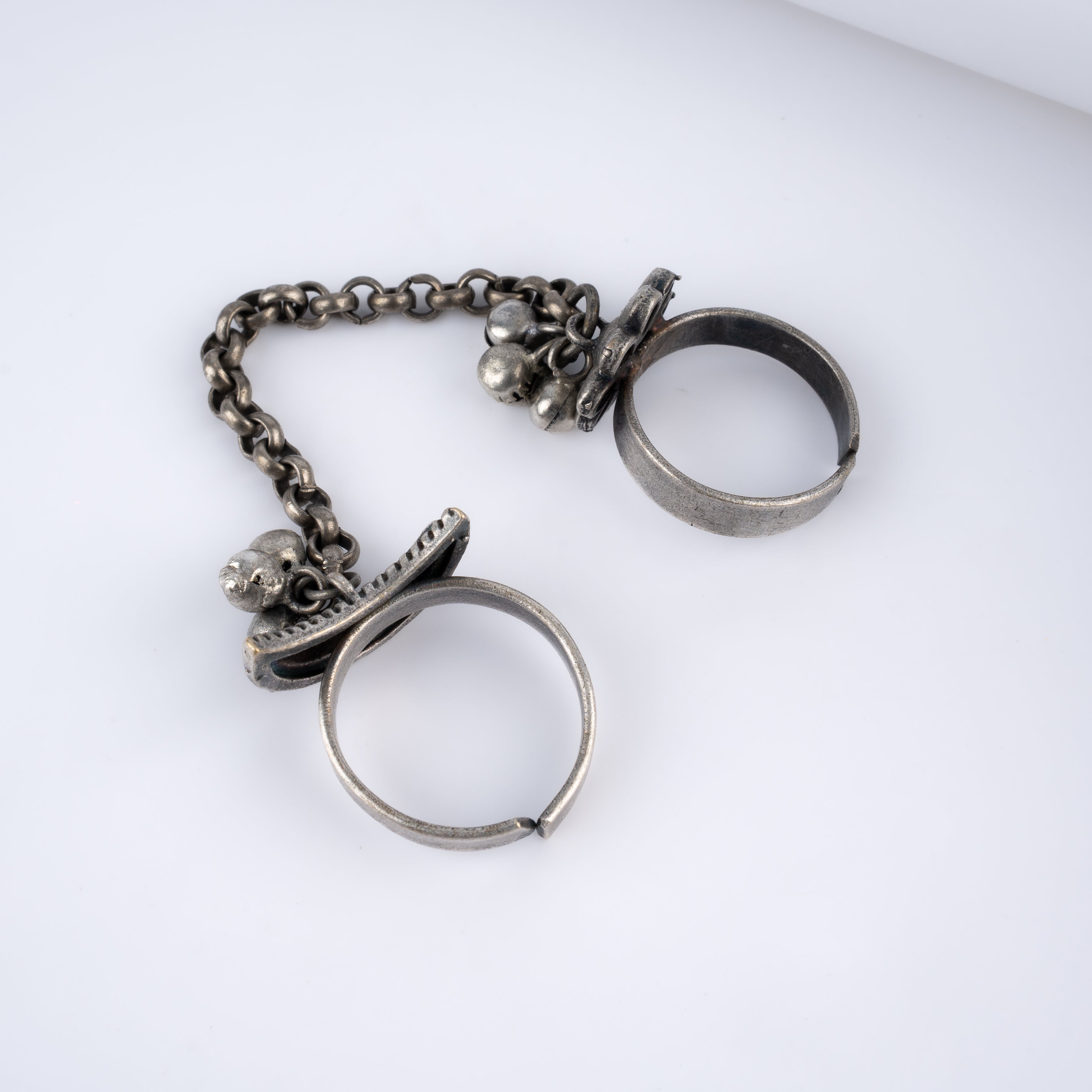 Oxidised Silver Crescent Floral Chain Linked Two Finger Ring