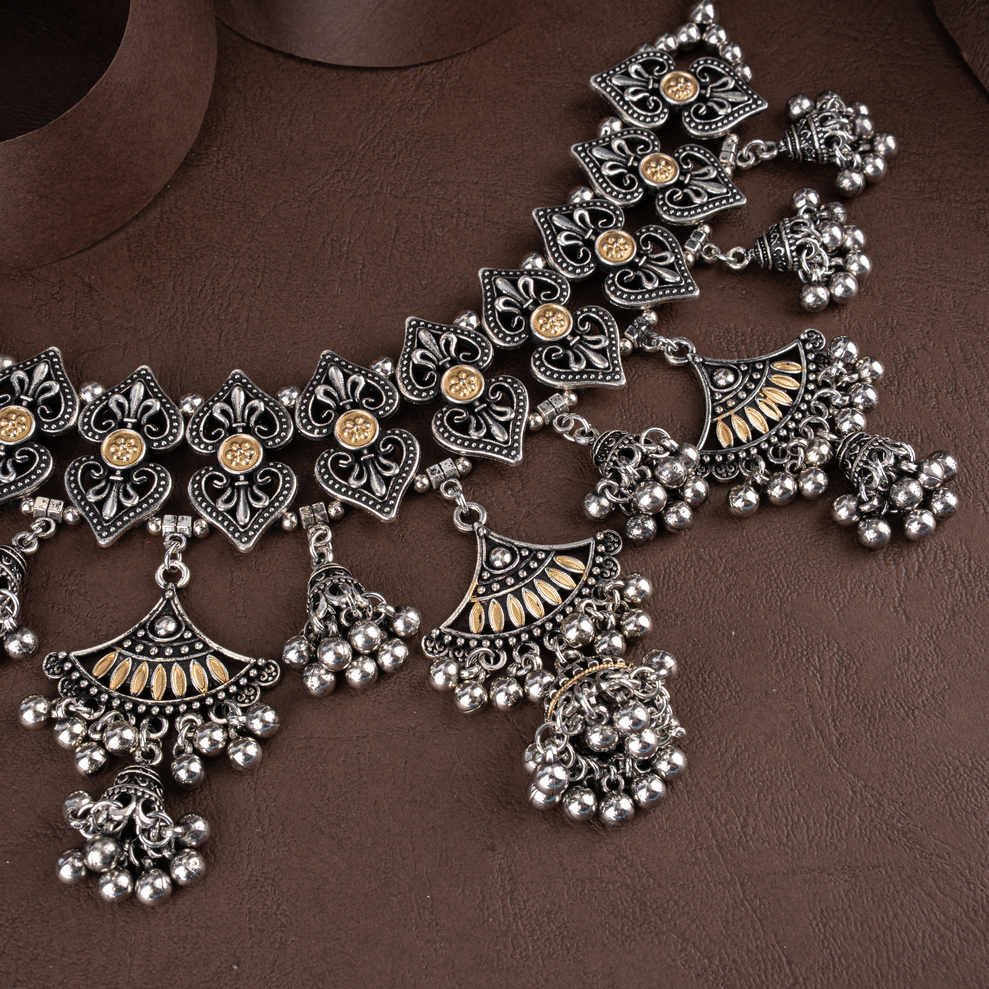 Dual-Tone Oxidised Silver Heart Filigree Choker Necklace Set with Jhumki Tassels
