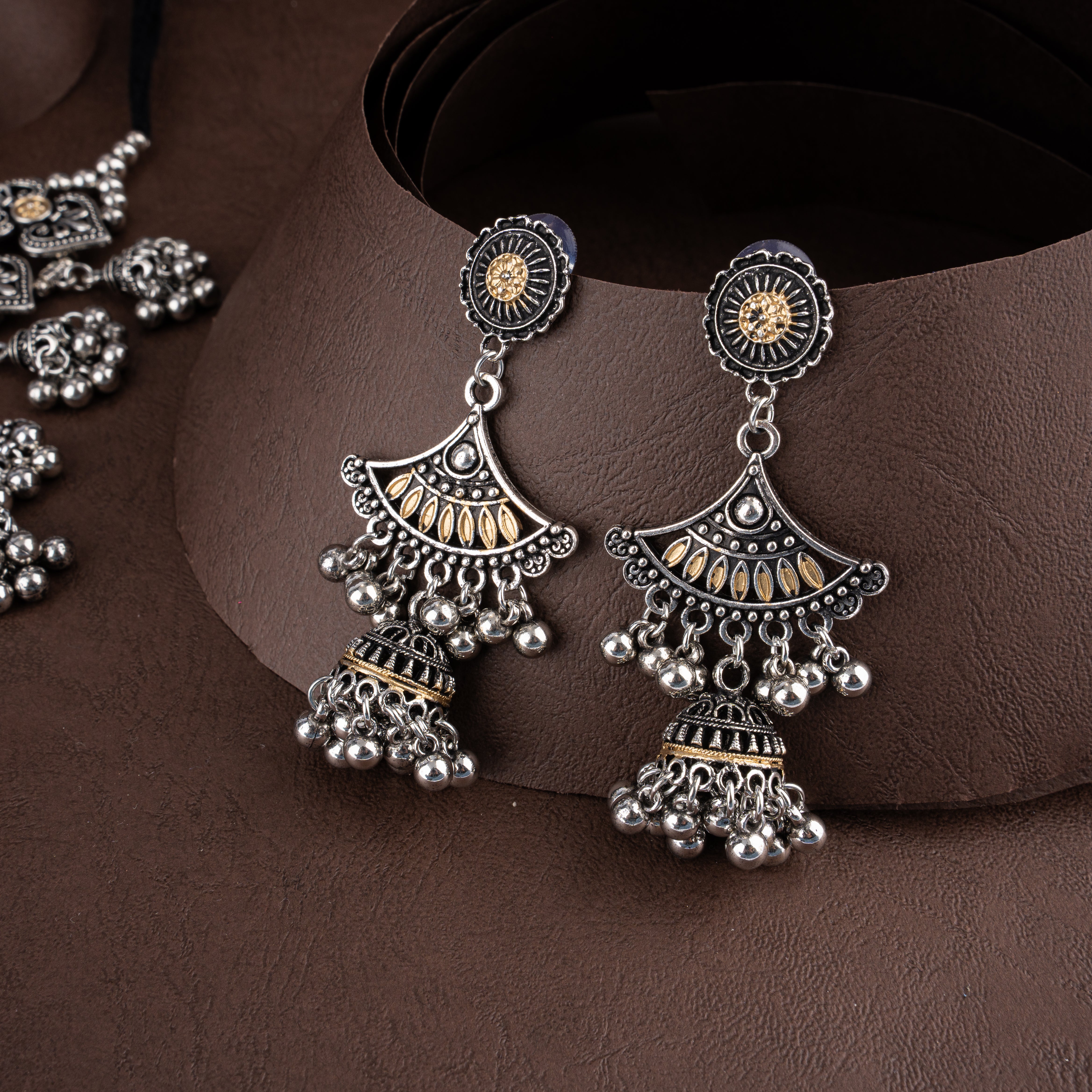 Dual-Tone Oxidised Silver Heart Filigree Choker Necklace Set with Jhumki Tassels