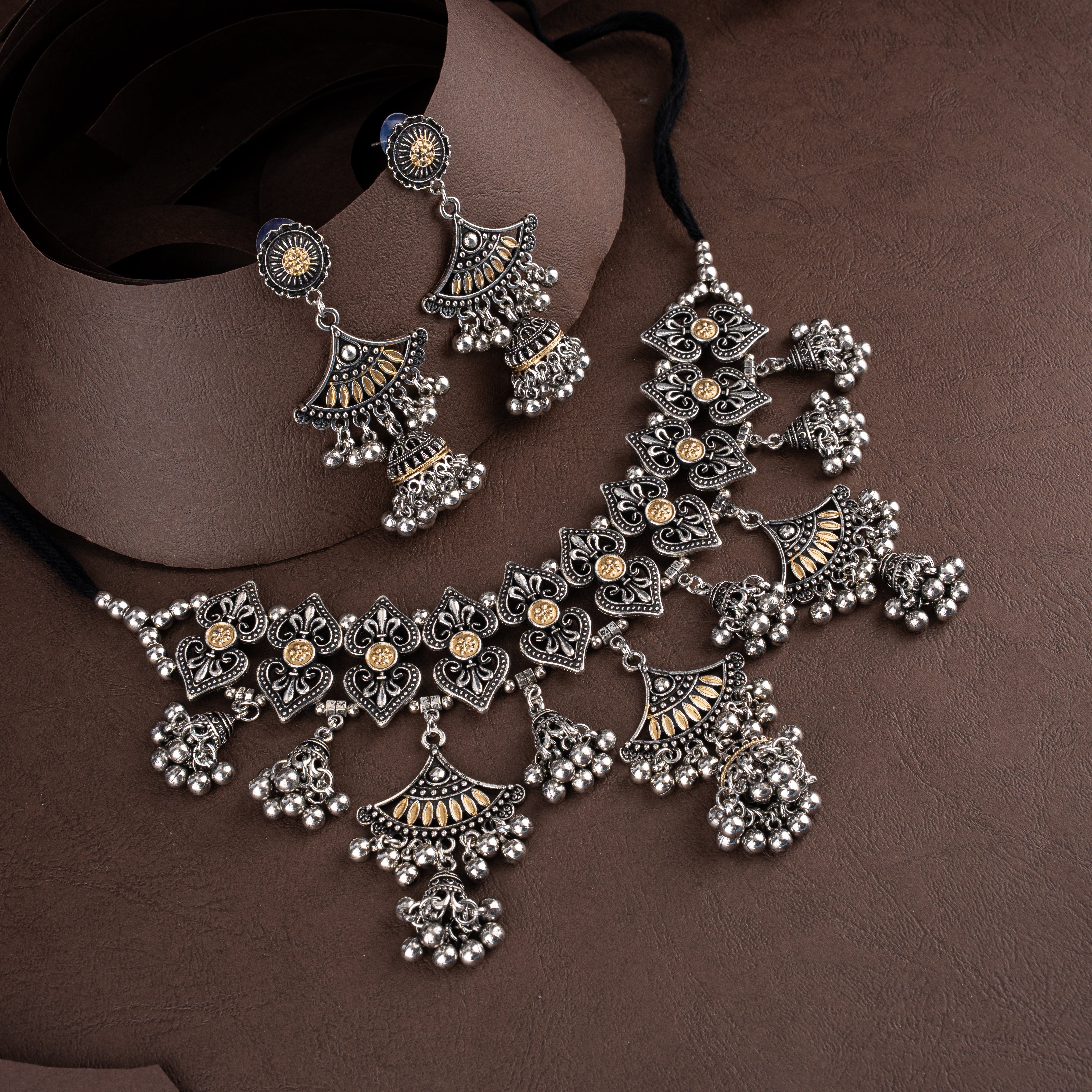 Dual-Tone Oxidised Silver Heart Filigree Choker Necklace Set with Jhumki Tassels