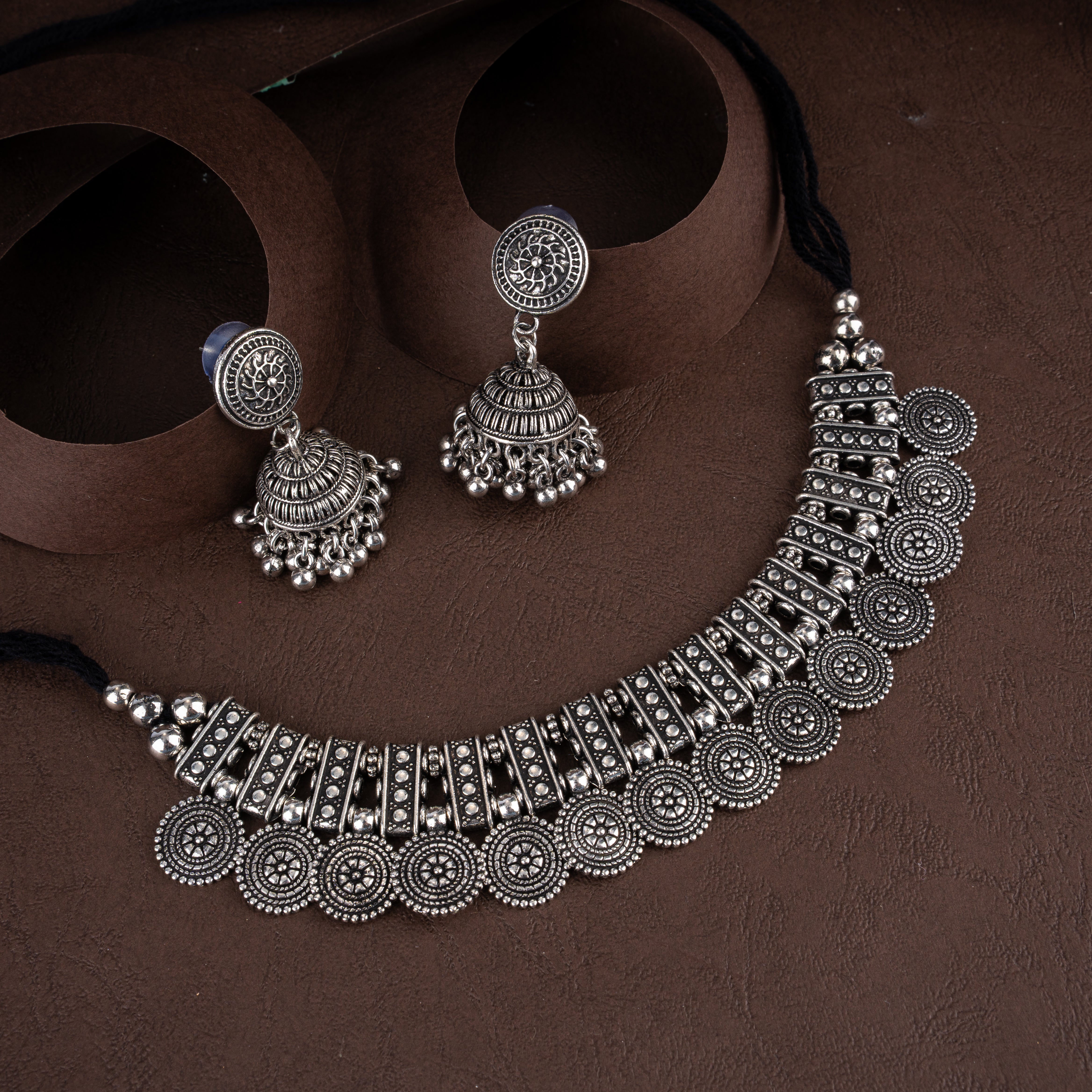 Oxidised Silver Sunburst Medallion Collar Choker Necklace Set with Bell Jhumkis