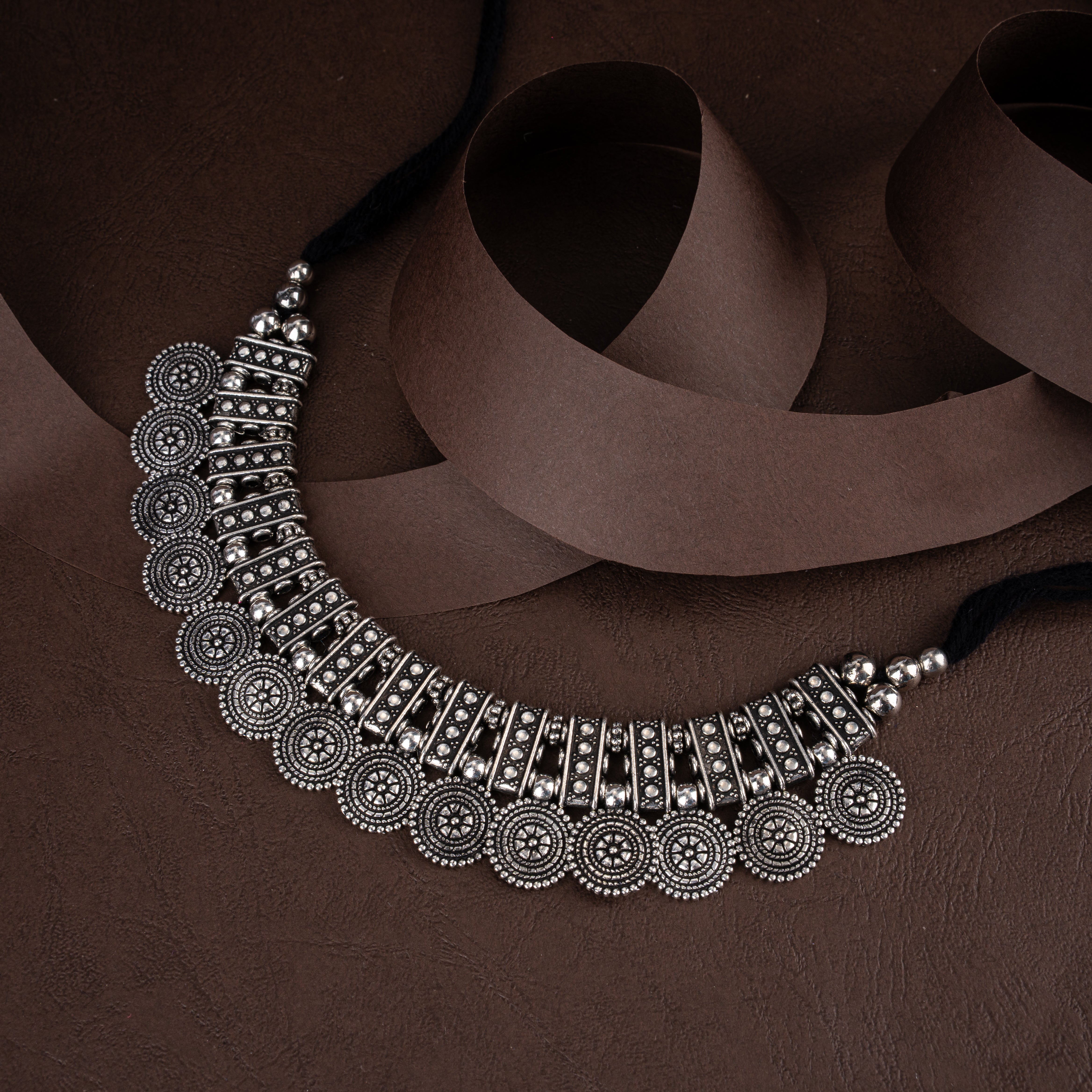 Oxidised Silver Sunburst Medallion Collar Choker Necklace Set with Bell Jhumkis